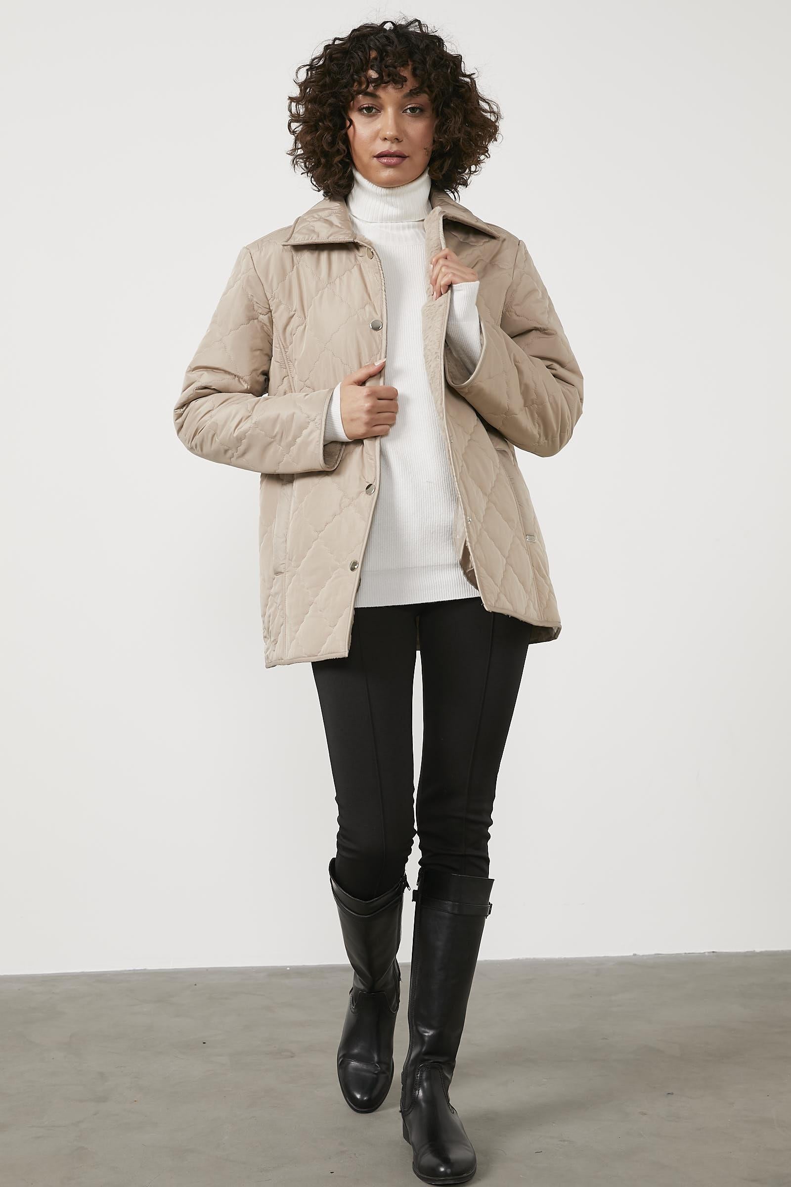 Kapitone Rahat Kalıp İçi Peluş Mont - Bej (1) Sementa