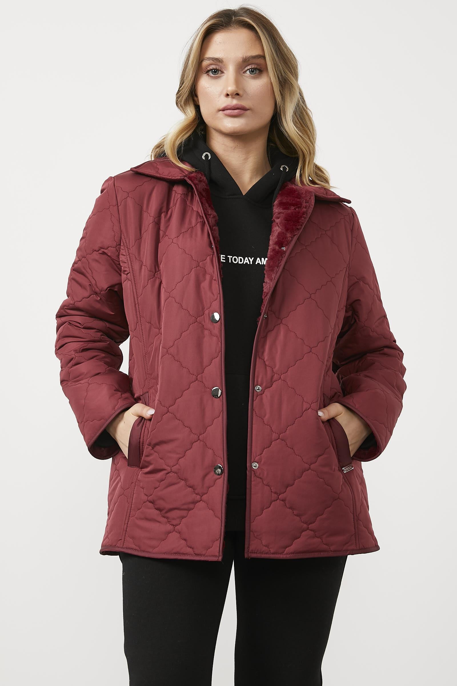 Kapitone Rahat Kalıp İçi Peluş Mont - Bordo (3) Sementa