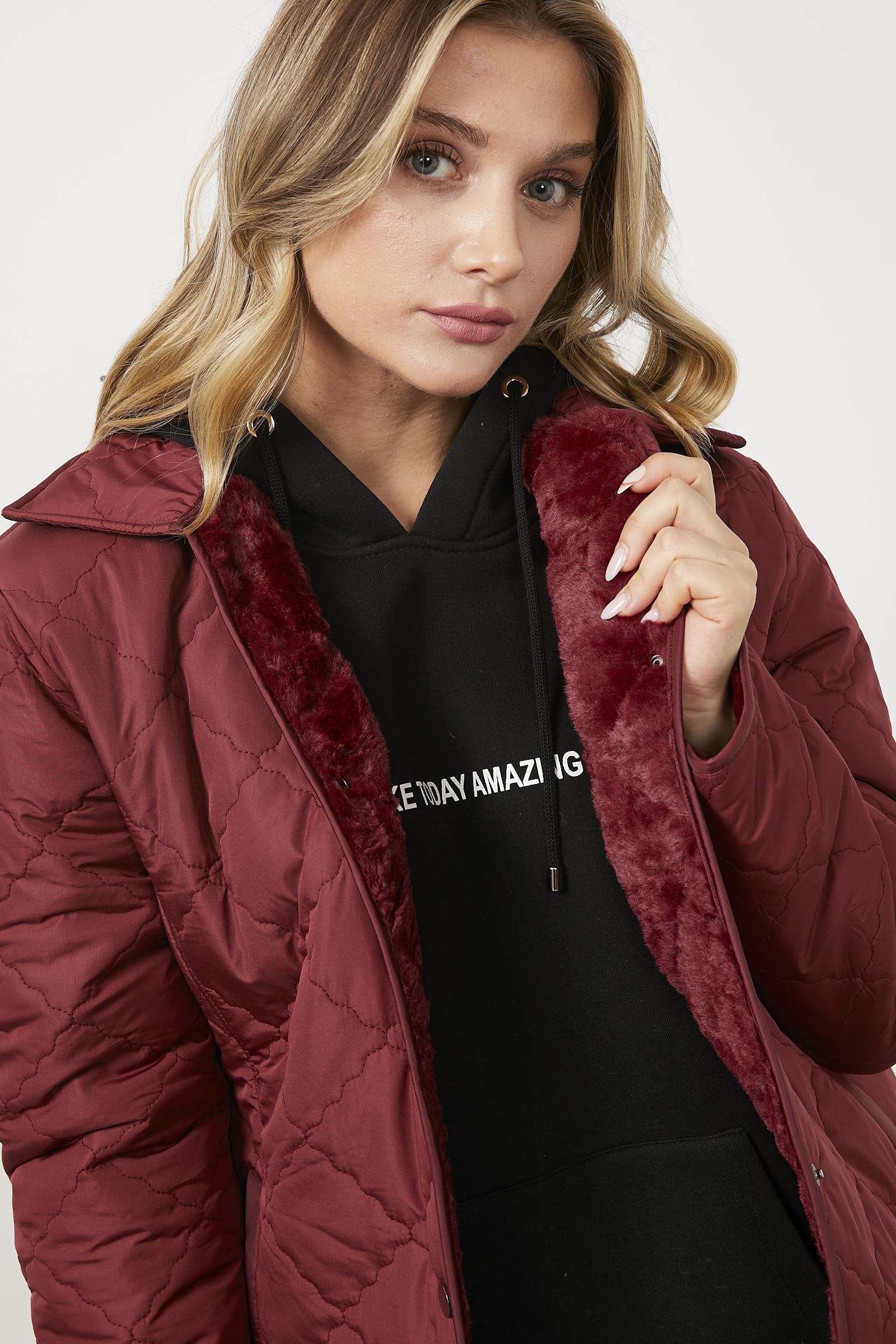 Kapitone Rahat Kalıp İçi Peluş Mont - Bordo (4) Sementa