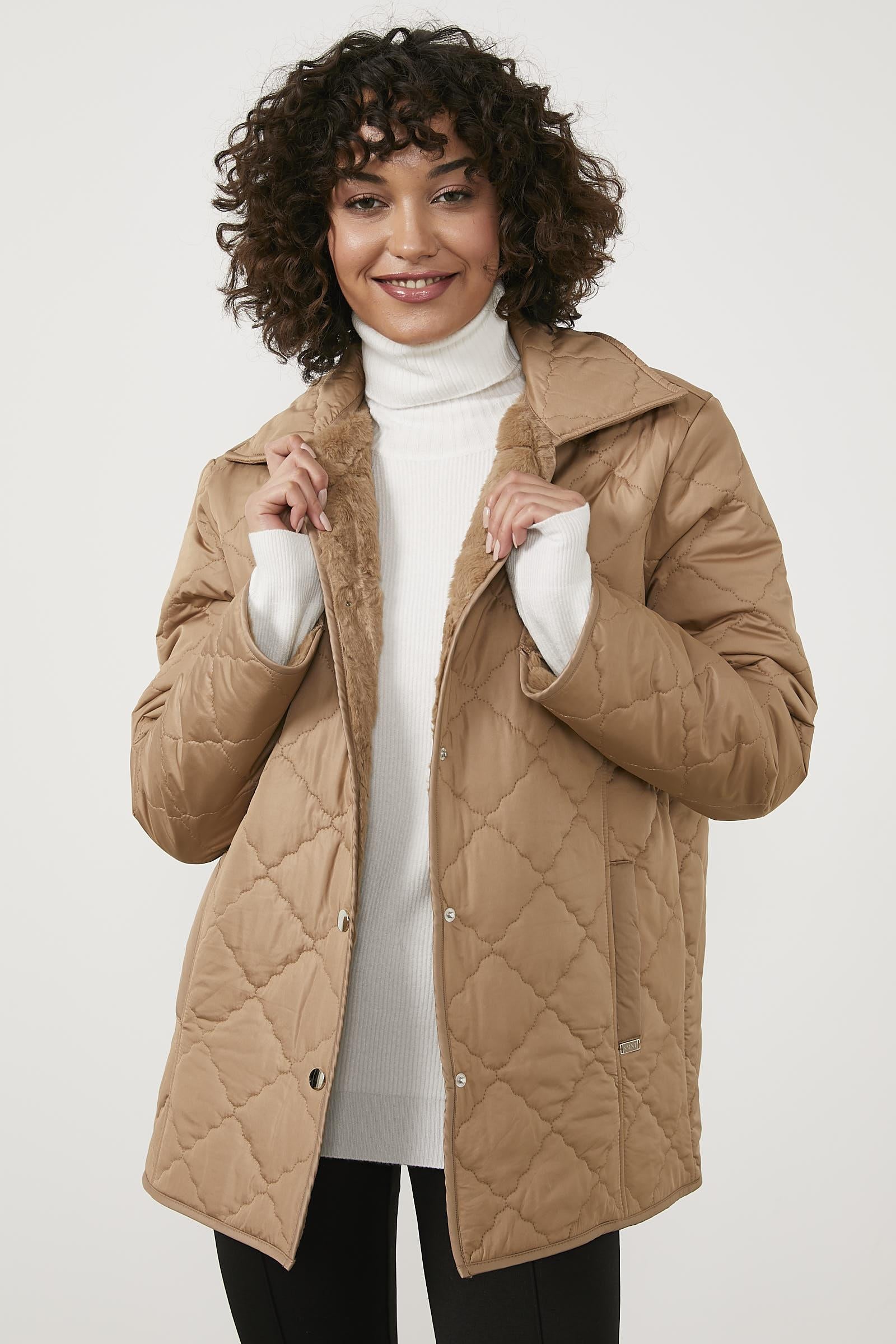 Kapitone Rahat Kalıp İçi Peluş Mont - Kamel (1) Sementa