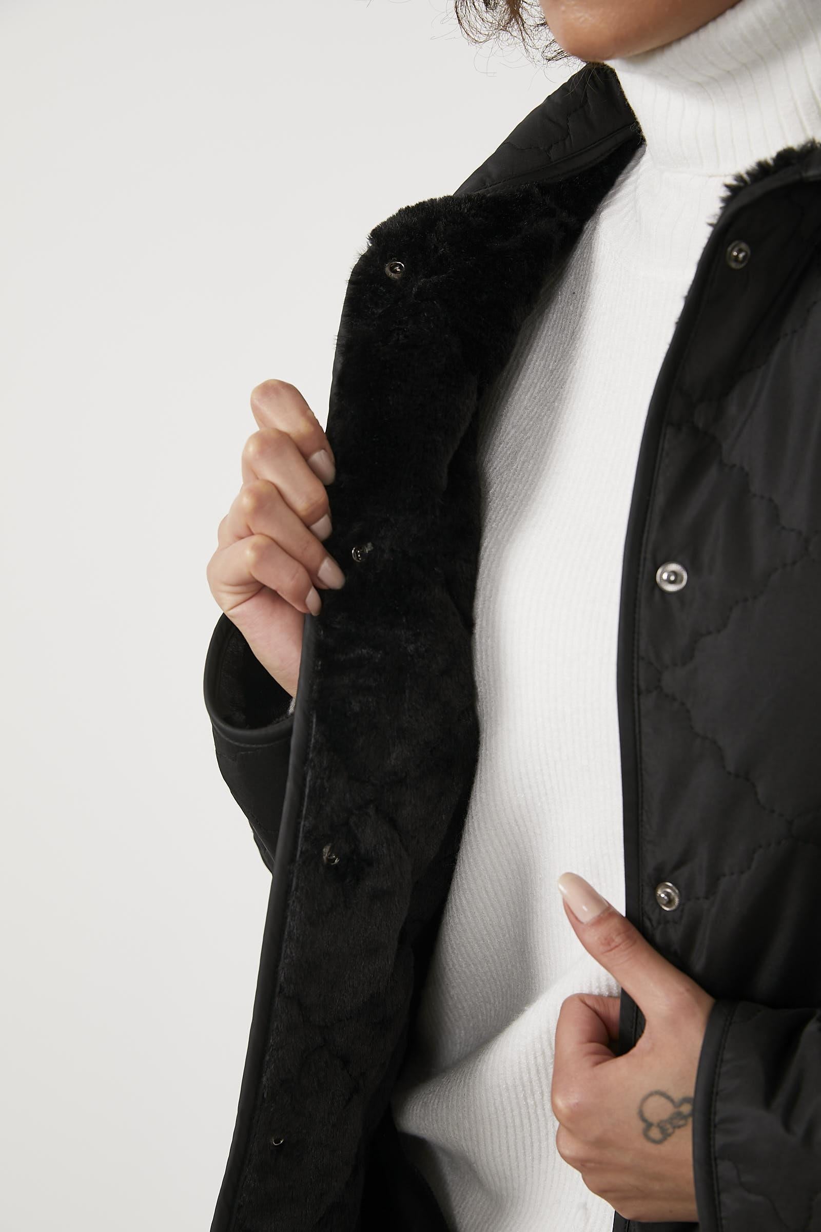 Kapitone Rahat Kalıp İçi Peluş Mont - Siyah (4) Sementa