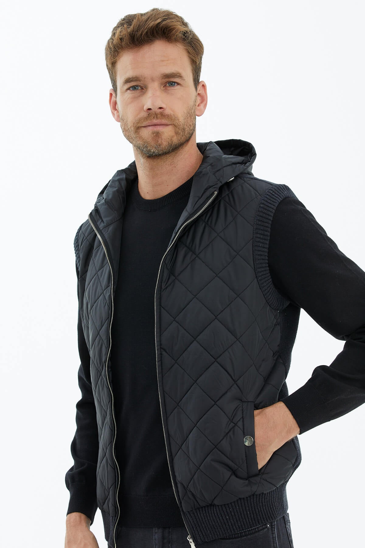 Kapitoneli Kapüşonlu Fermuarlı Triko Yelek - Antrasit (2) Sementa