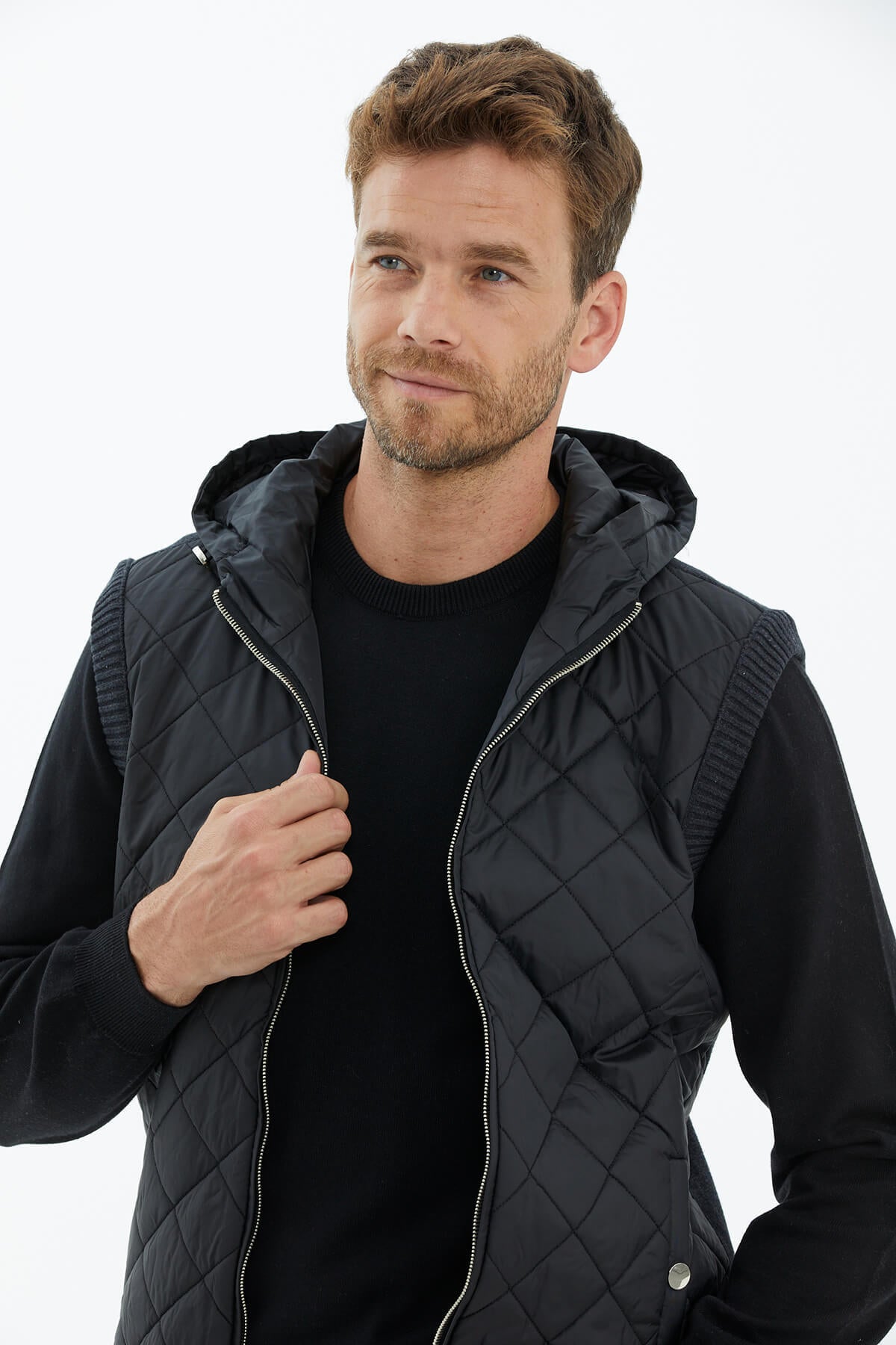 Kapitoneli Kapüşonlu Fermuarlı Triko Yelek - Antrasit (3) Sementa