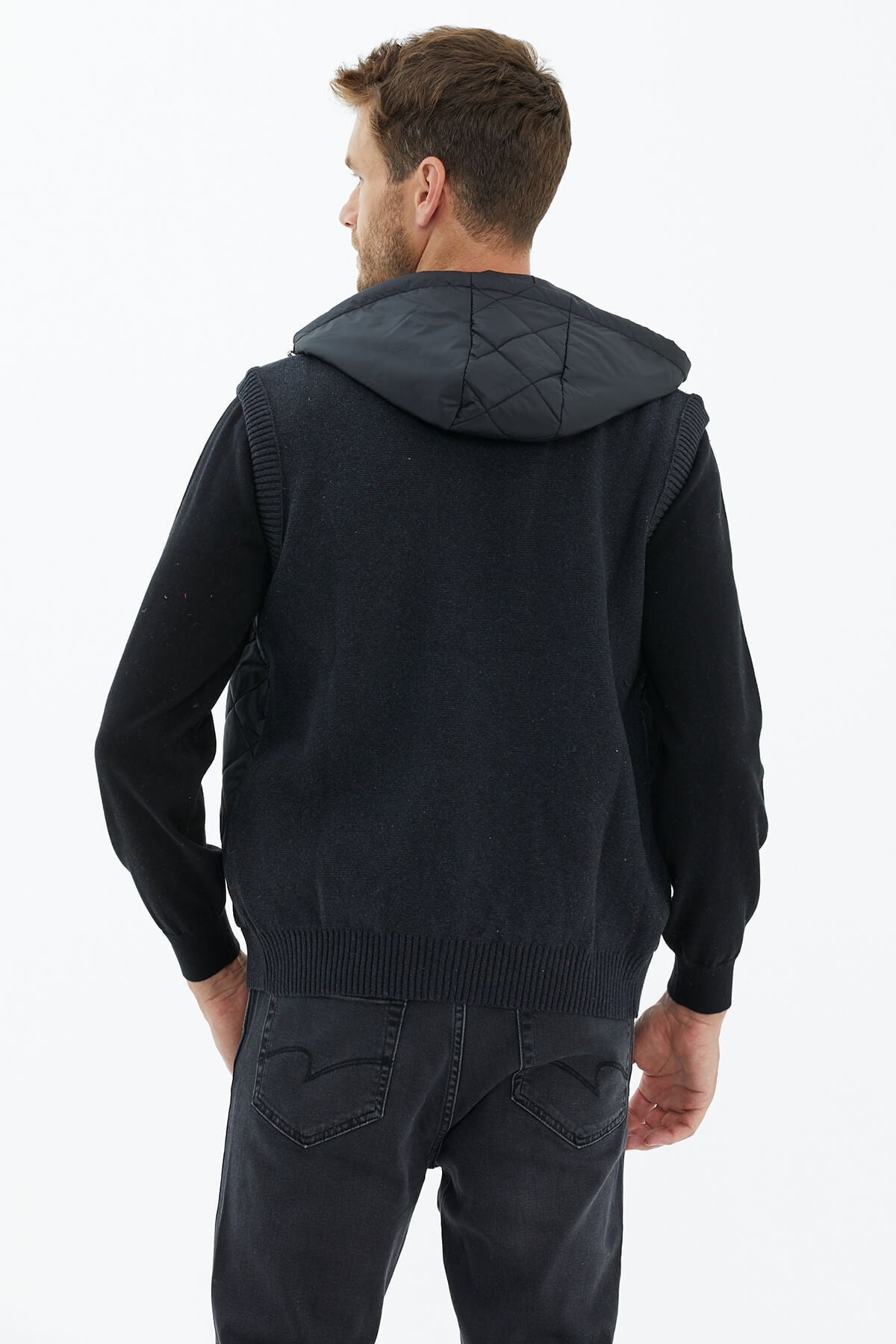 Kapitoneli Kapüşonlu Fermuarlı Triko Yelek - Antrasit (4) Sementa