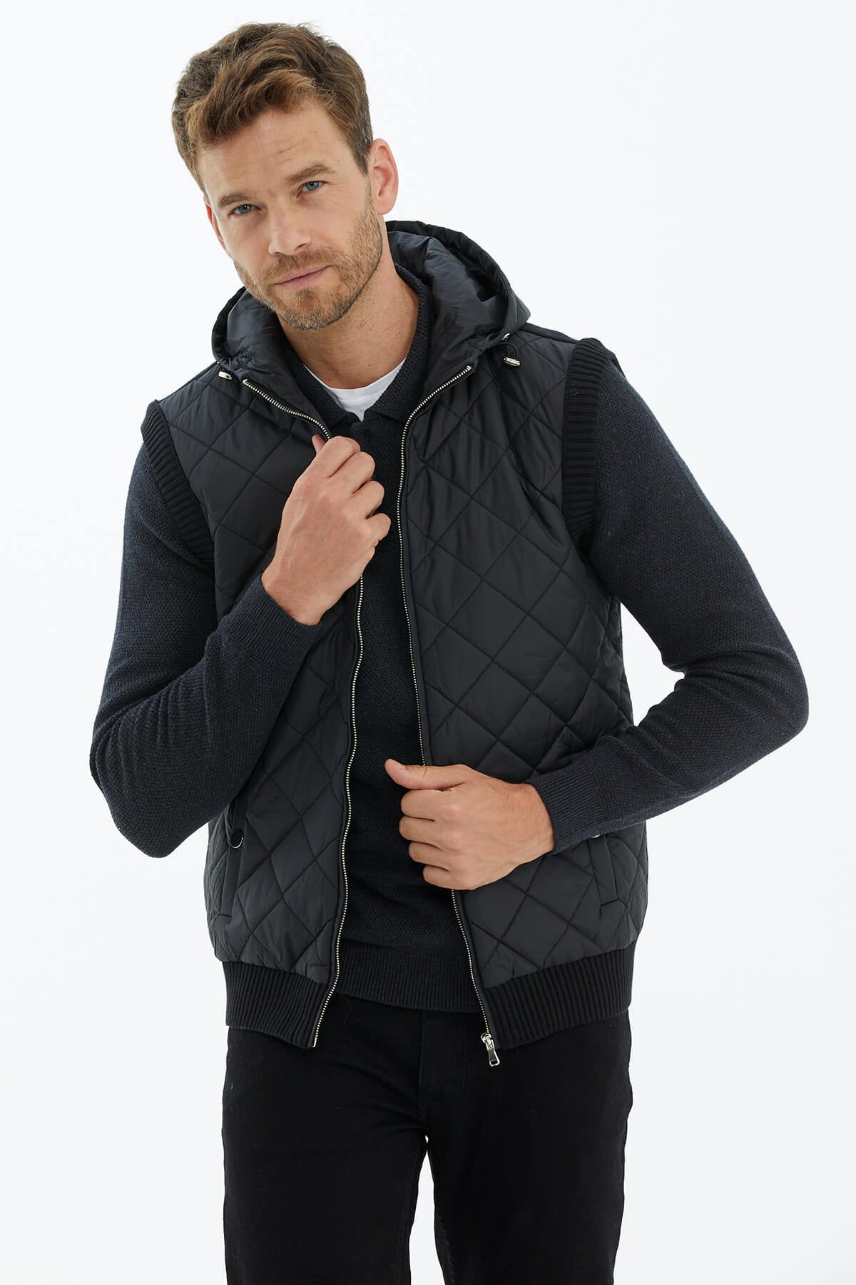 Kapitoneli Kapüşonlu Fermuarlı Triko Yelek - Siyah (2) Sementa