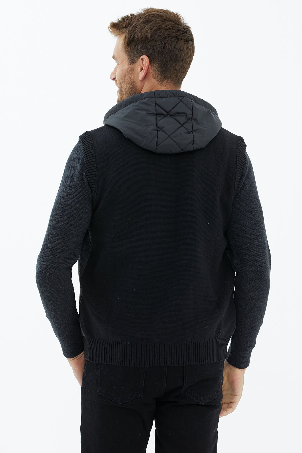 Kapitoneli Kapüşonlu Fermuarlı Triko Yelek - Siyah (4) Sementa