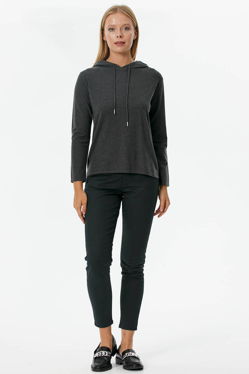 Kapüşonlu Arkası Uzun Triko Kazak - Antrasit (1) Sementa