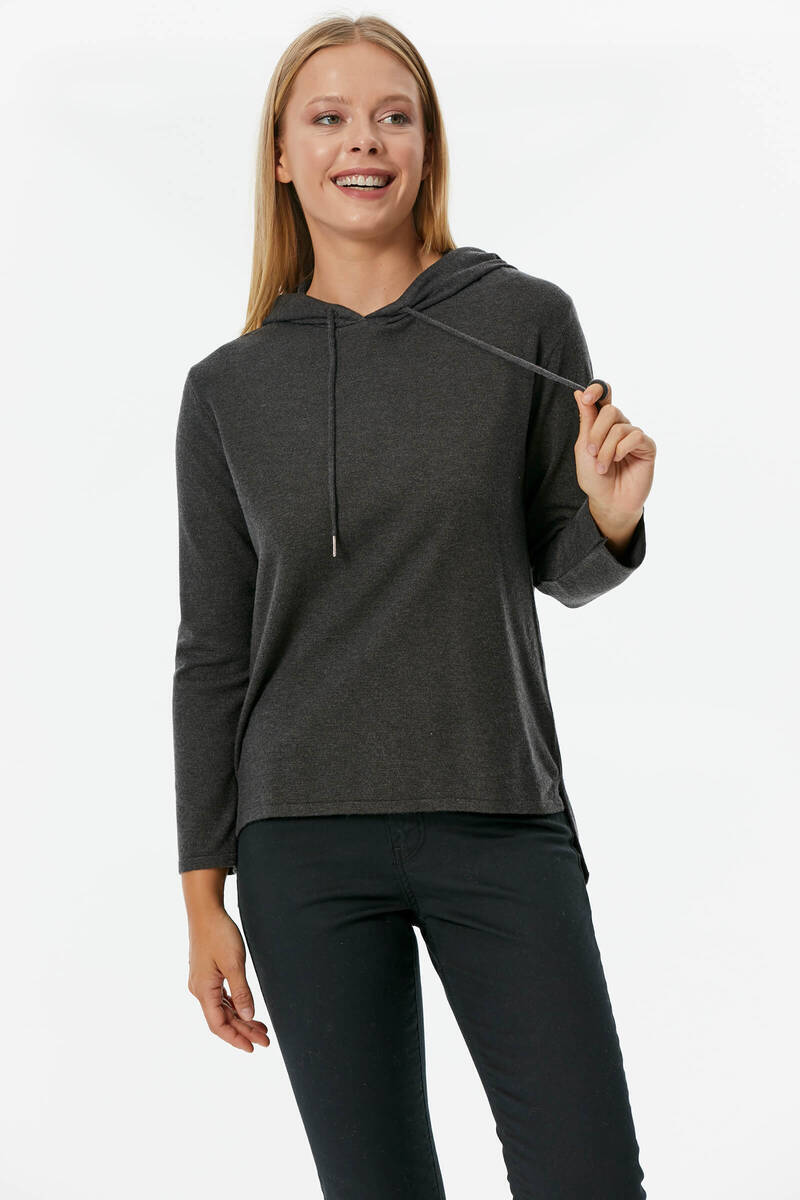 Kapüşonlu Arkası Uzun Triko Kazak - Antrasit (2) Sementa