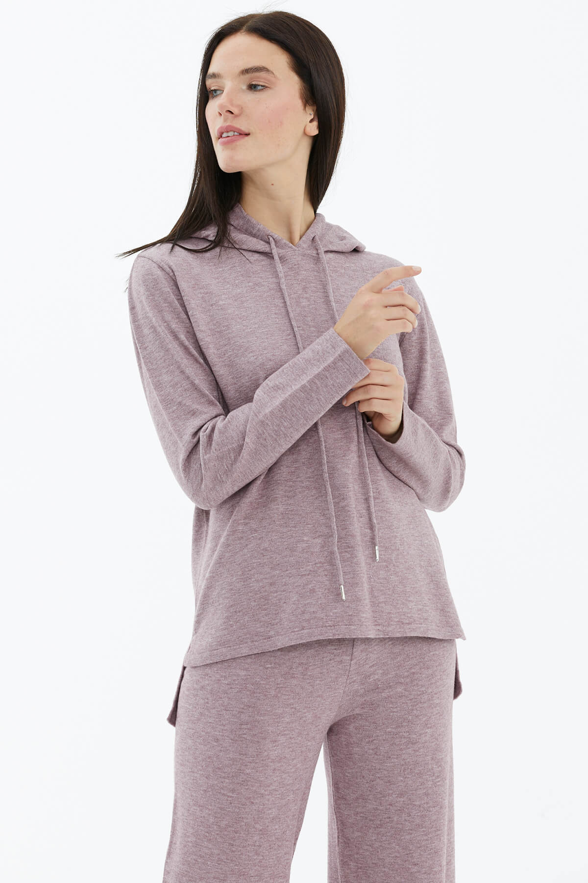 Kapüşonlu Arkası Uzun Triko Kazak - Gül (1) Sementa