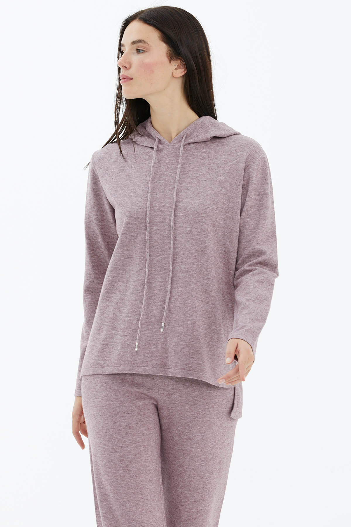 Kapüşonlu Arkası Uzun Triko Kazak - Gül (2) Sementa