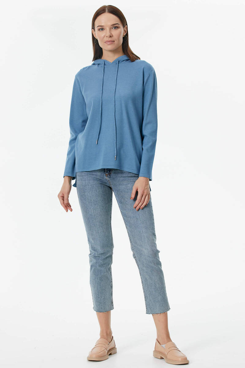 Kapüşonlu Arkası Uzun Triko Kazak - Indigo (1) Sementa