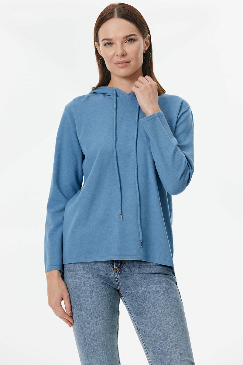 Kapüşonlu Arkası Uzun Triko Kazak - Indigo (2) Sementa