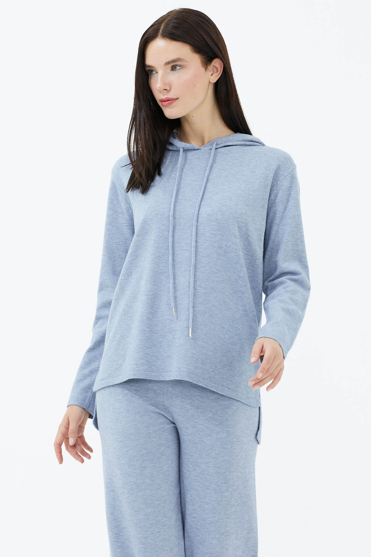 Kapüşonlu Arkası Uzun Triko Kazak - Mavi (2) Sementa