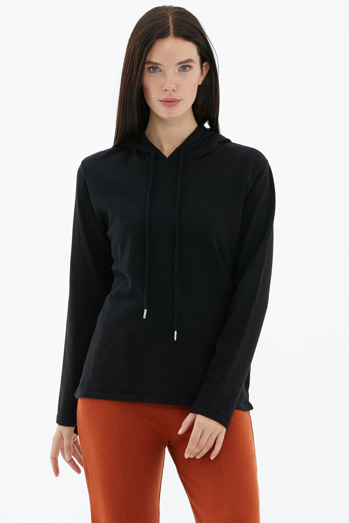 Kapüşonlu Arkası Uzun Triko Kazak - Siyah (1) Sementa