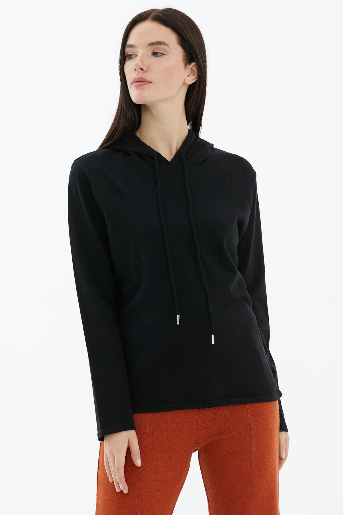 Kapüşonlu Arkası Uzun Triko Kazak - Siyah (2) Sementa