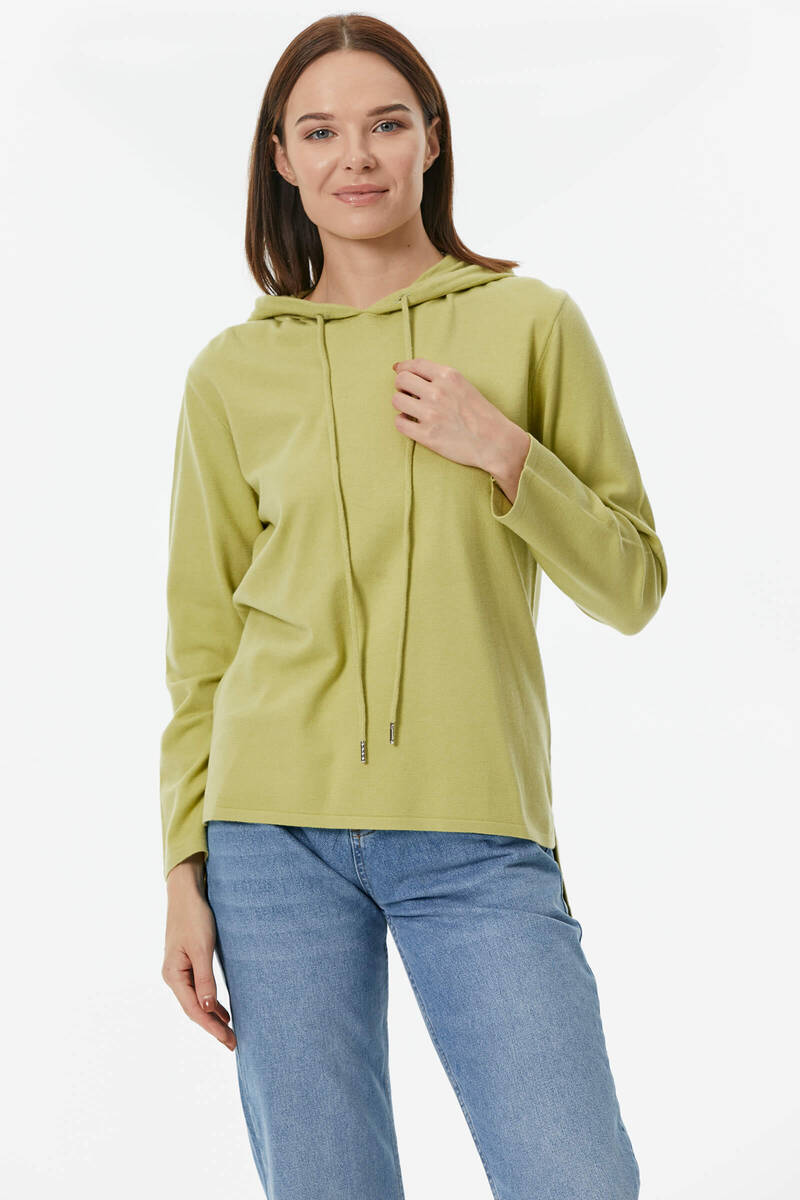 Kapüşonlu Arkası Uzun Triko Kazak - Yeşil (1) Sementa