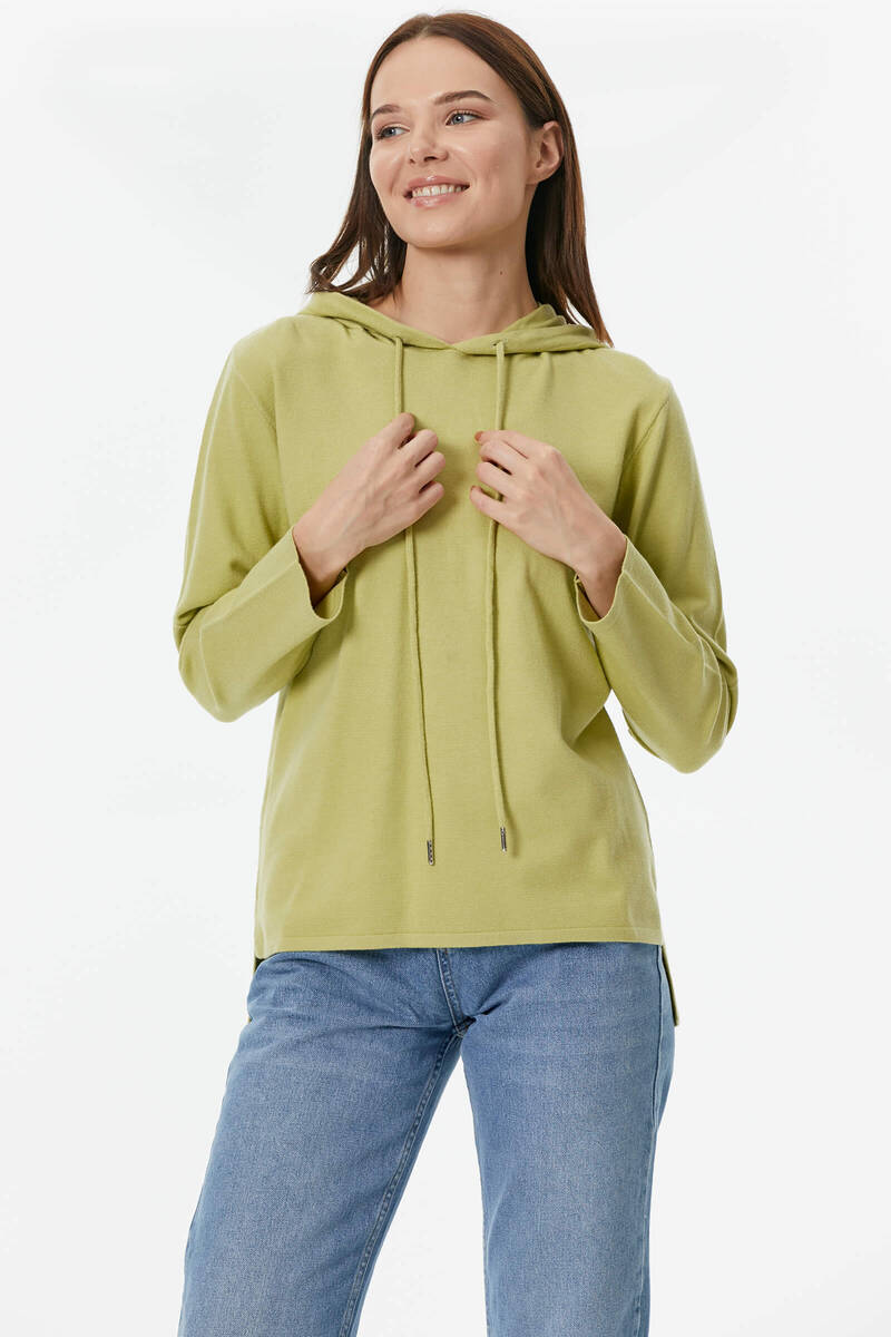 Kapüşonlu Arkası Uzun Triko Kazak - Yeşil (2) Sementa