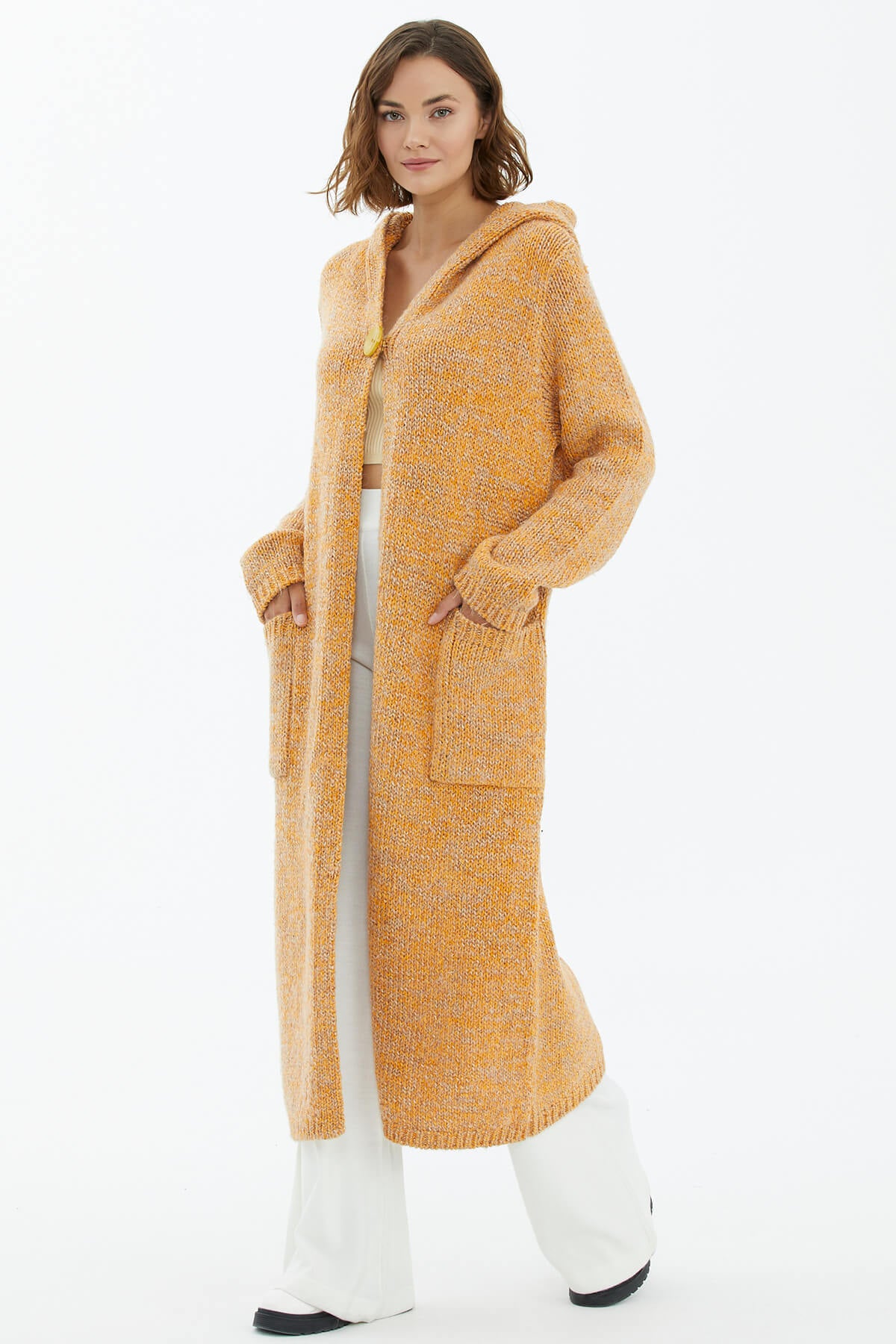 Kapüşonlu Cepli Triko Hırka - Sarı (1) Sementa