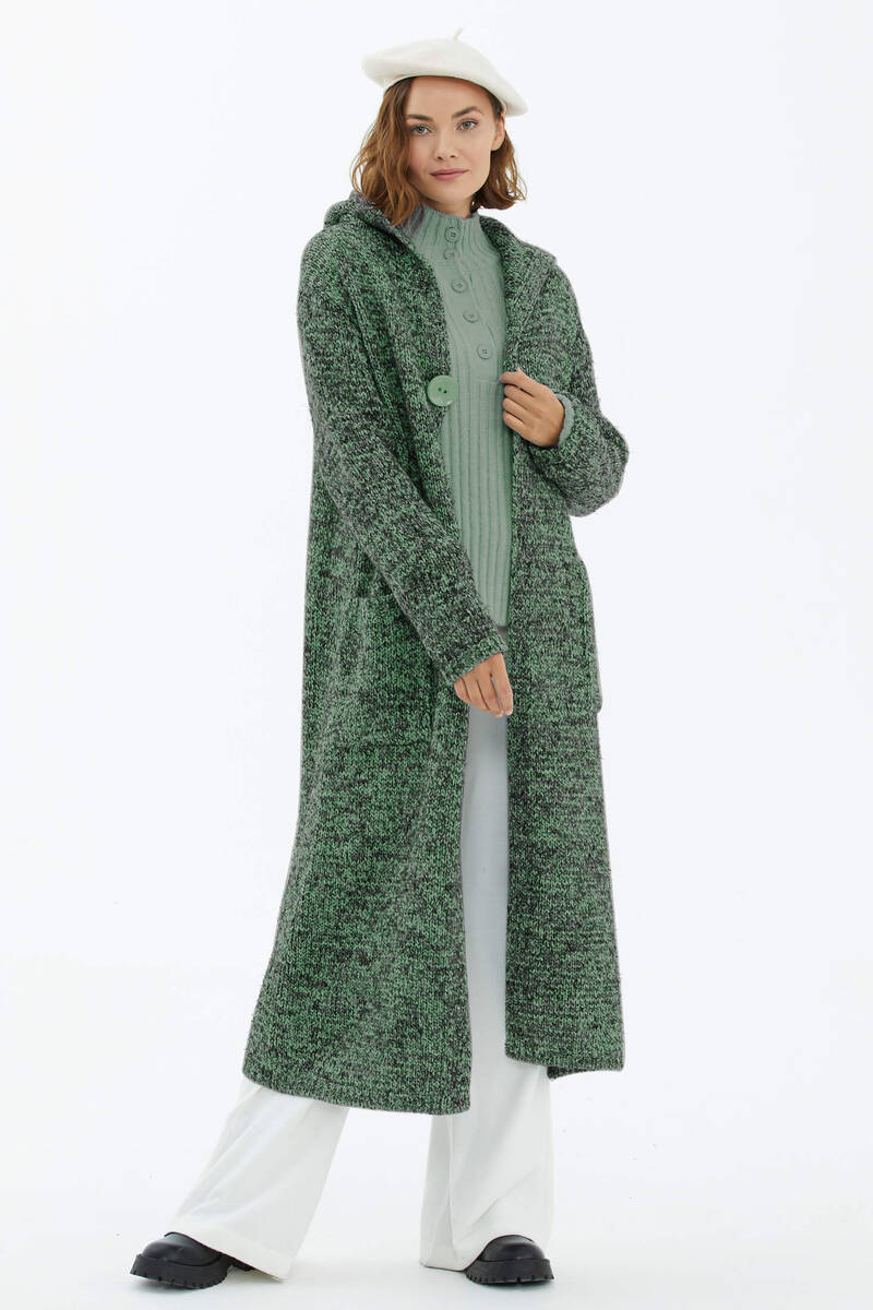 Kapüşonlu Cepli Triko Hırka - Yeşil (1) Sementa