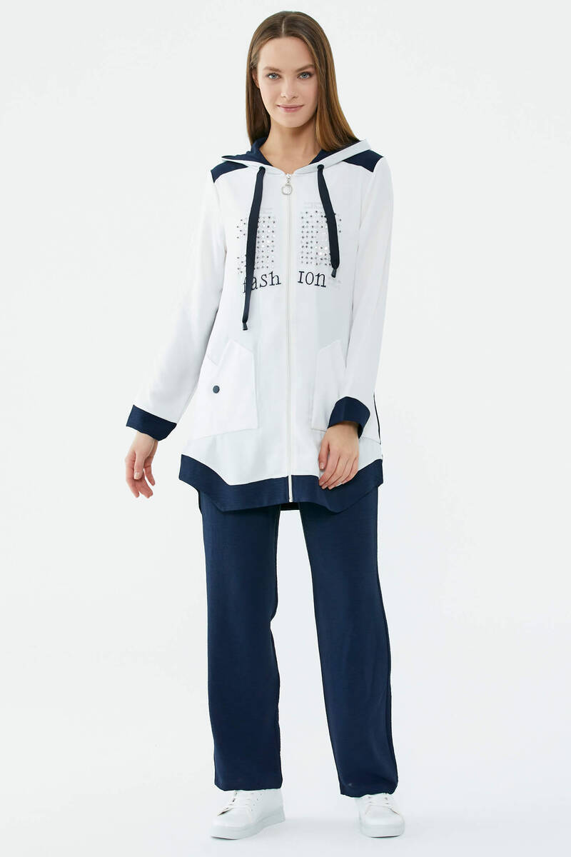 Kapüşonlu Çift Renk Rahat Kalıp Krep Takım - Ekru - Lacivert (1) Sementa
