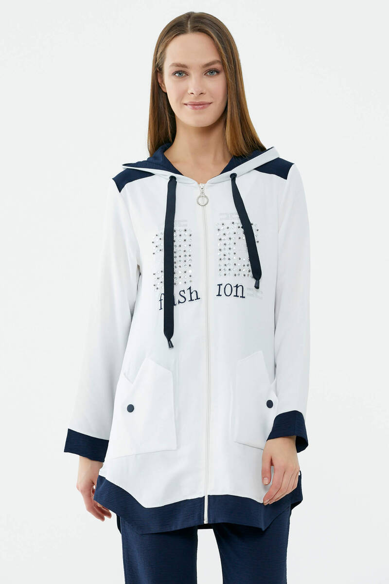 Kapüşonlu Çift Renk Rahat Kalıp Krep Takım - Ekru - Lacivert (2) Sementa