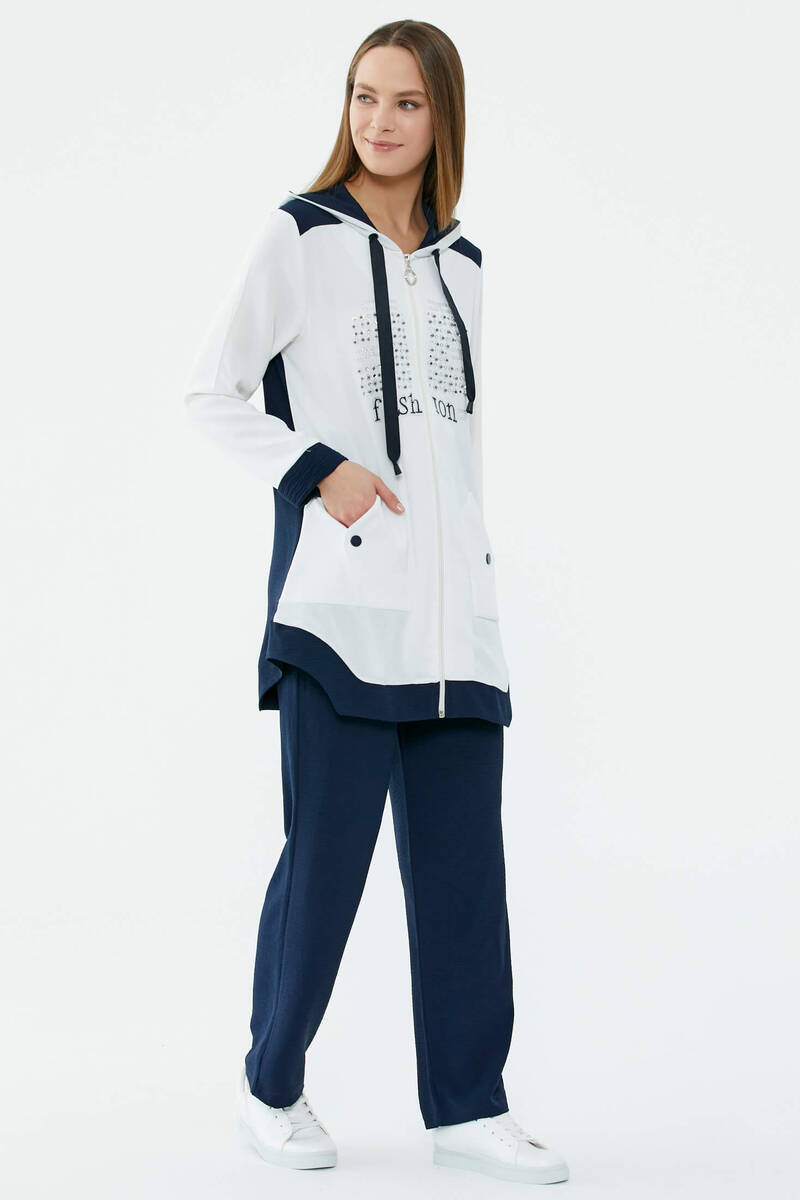 Kapüşonlu Çift Renk Rahat Kalıp Krep Takım - Ekru - Lacivert (4) Sementa