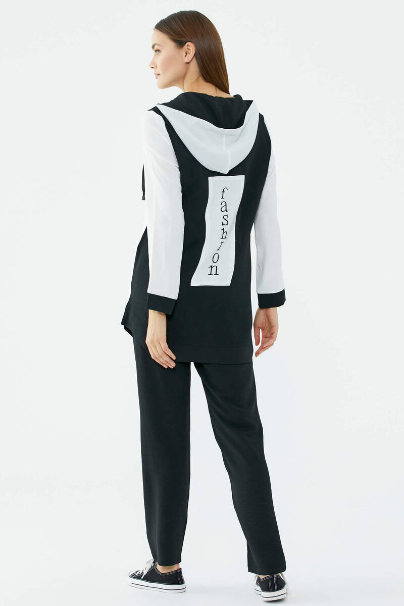 Kapüşonlu Çift Renk Rahat Kalıp Krep Takım - Ekru - Siyah (4) Sementa