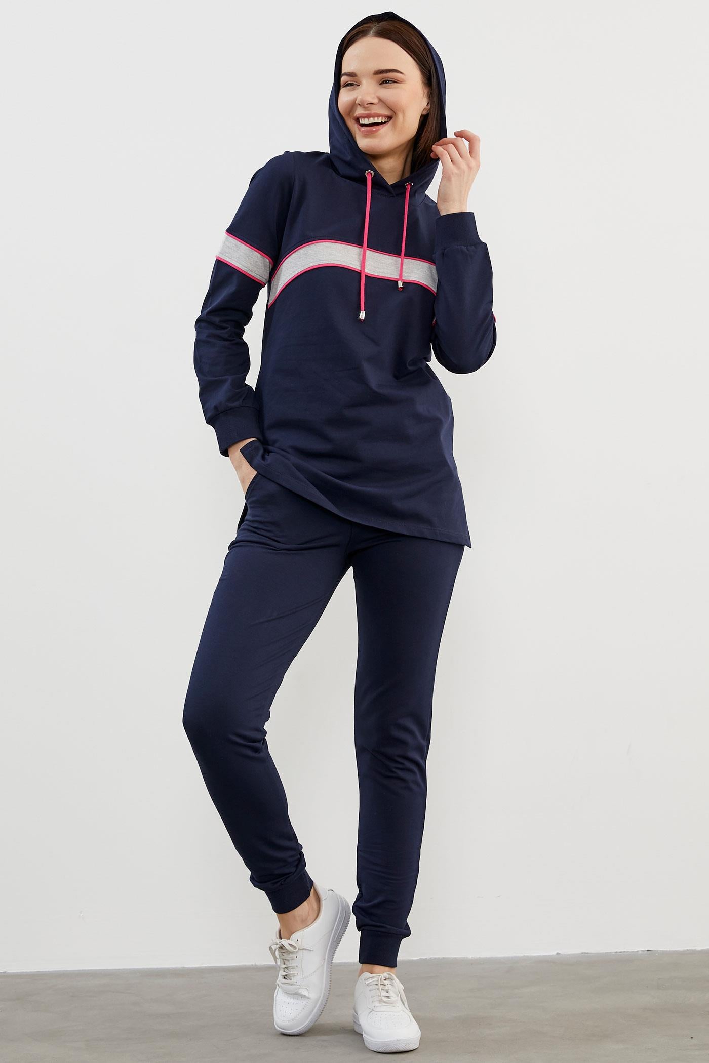 Kapüşonlu Çizgi Bloklu Eşofman Takım - Lacivert (2) Sementa