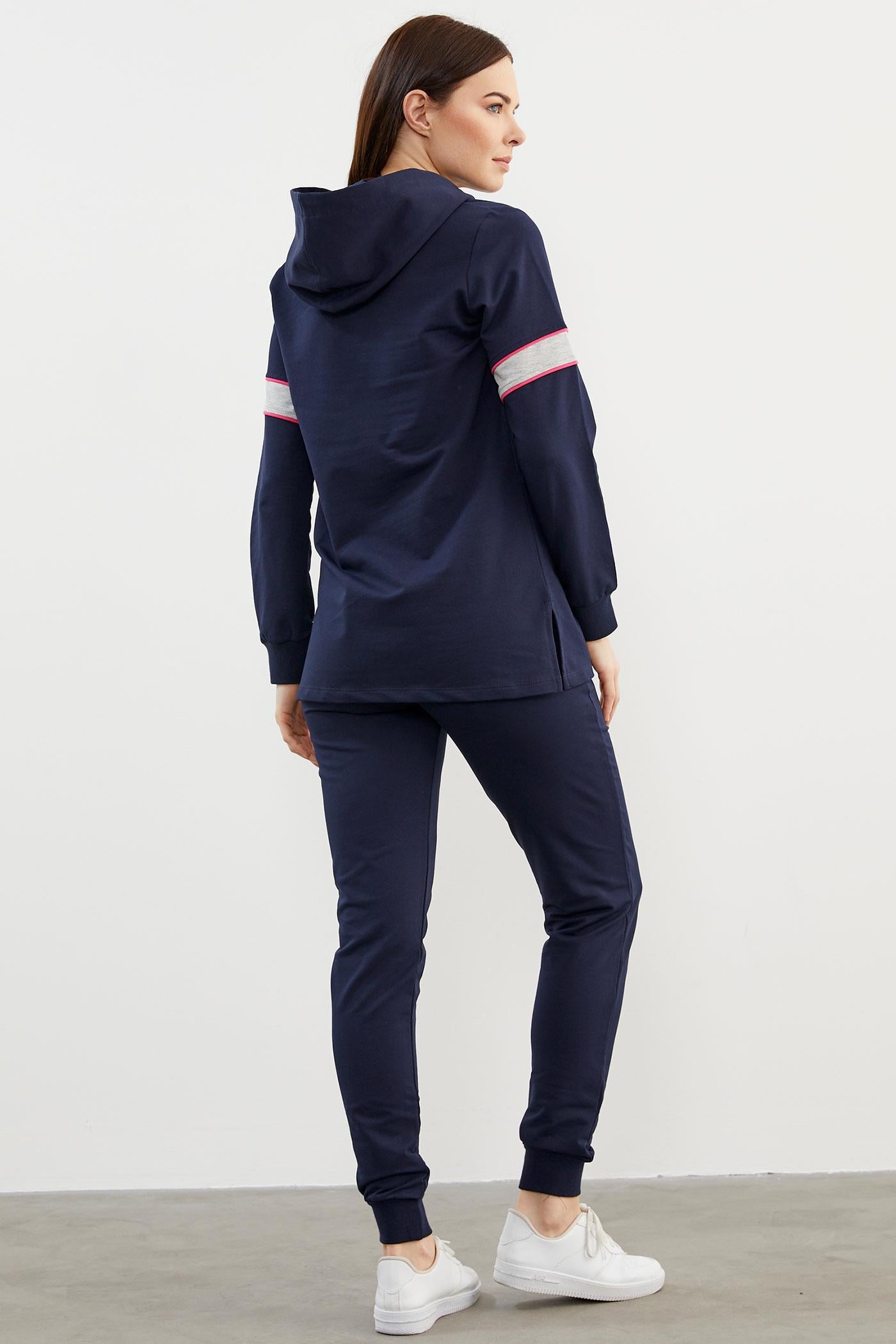Kapüşonlu Çizgi Bloklu Eşofman Takım - Lacivert (4) Sementa
