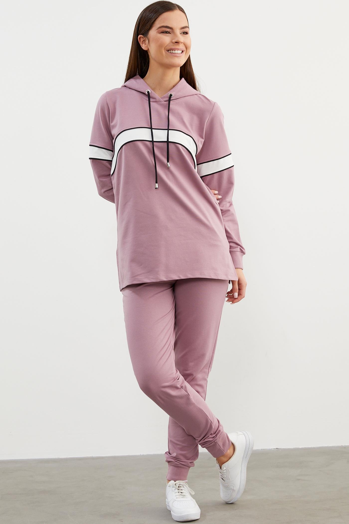 Kapüşonlu Çizgi Bloklu Eşofman Takım - Lila (2) Sementa