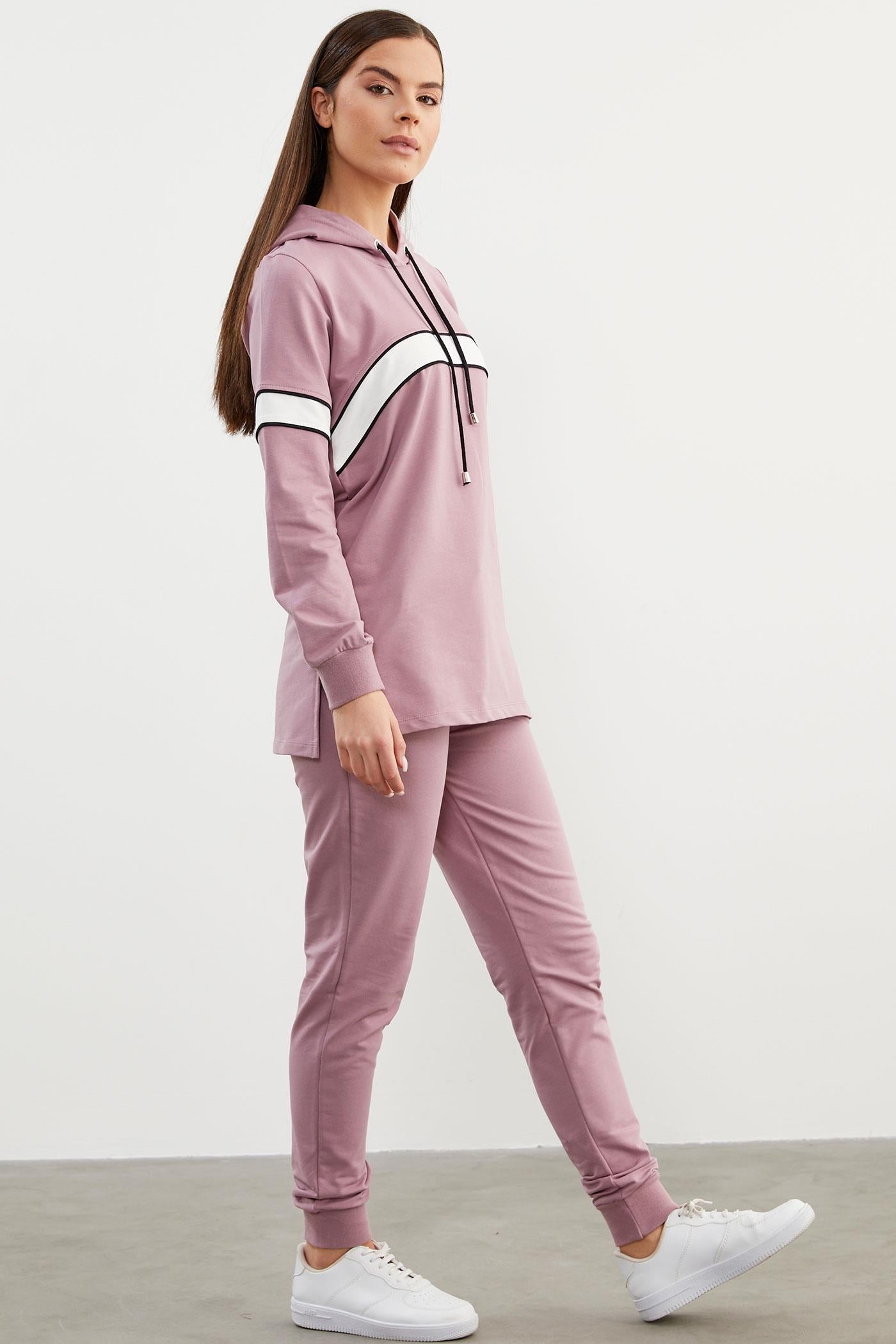 Kapüşonlu Çizgi Bloklu Eşofman Takım - Lila (4) Sementa