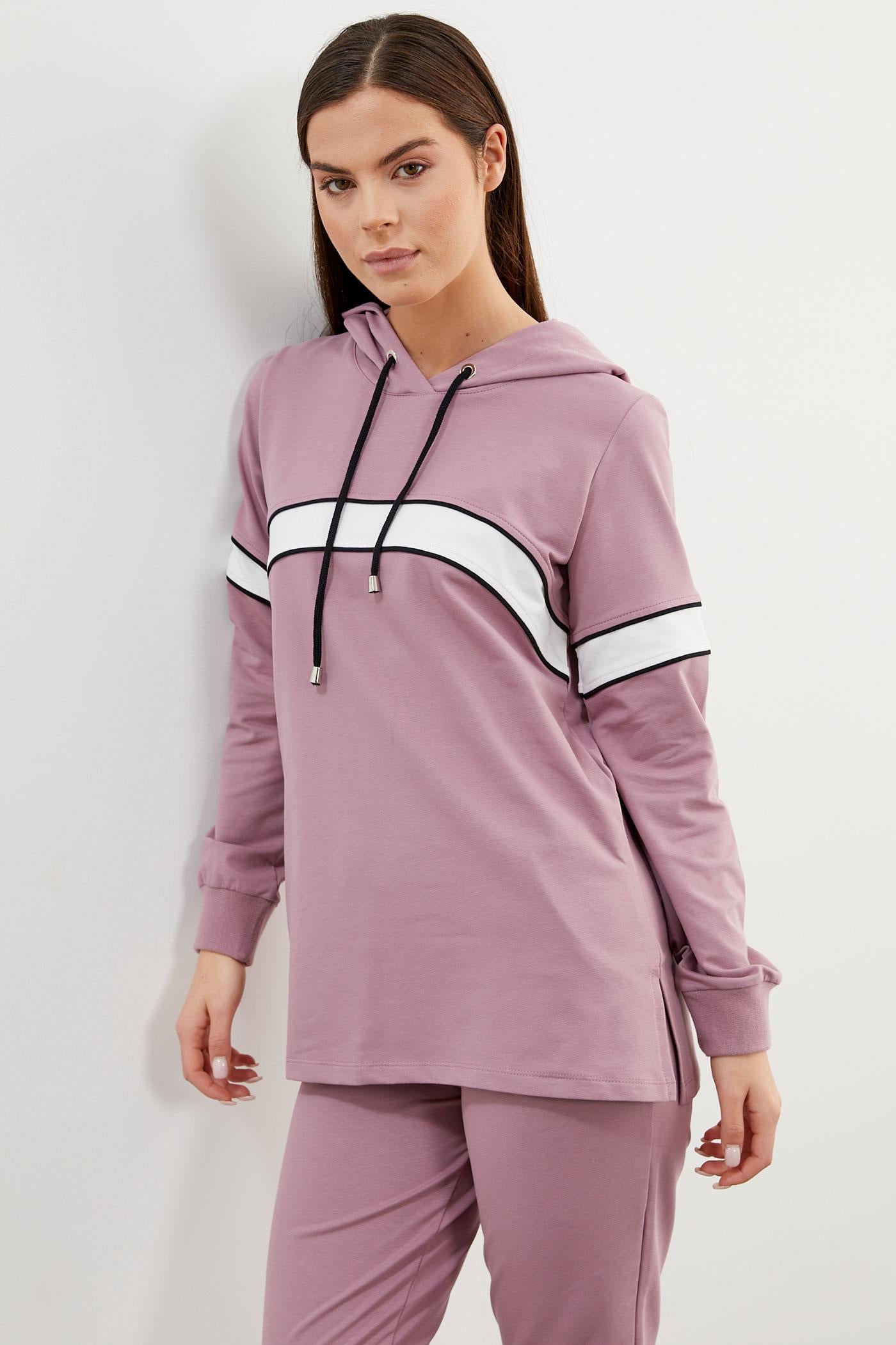 Kapüşonlu Çizgi Bloklu Eşofman Takım - Lila (5) Sementa