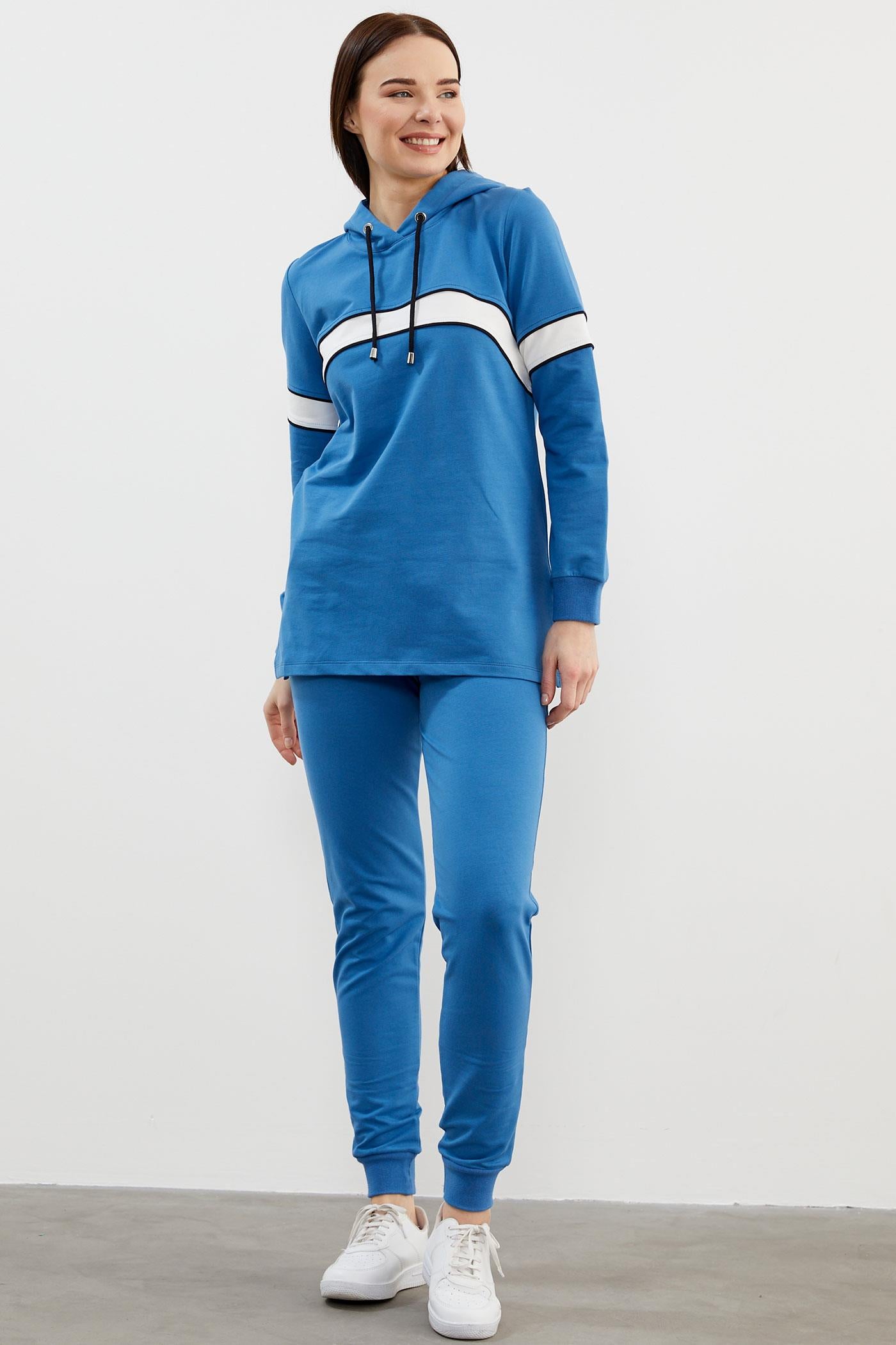 Kapüşonlu Çizgi Bloklu Eşofman Takım - Mavi (2) Sementa
