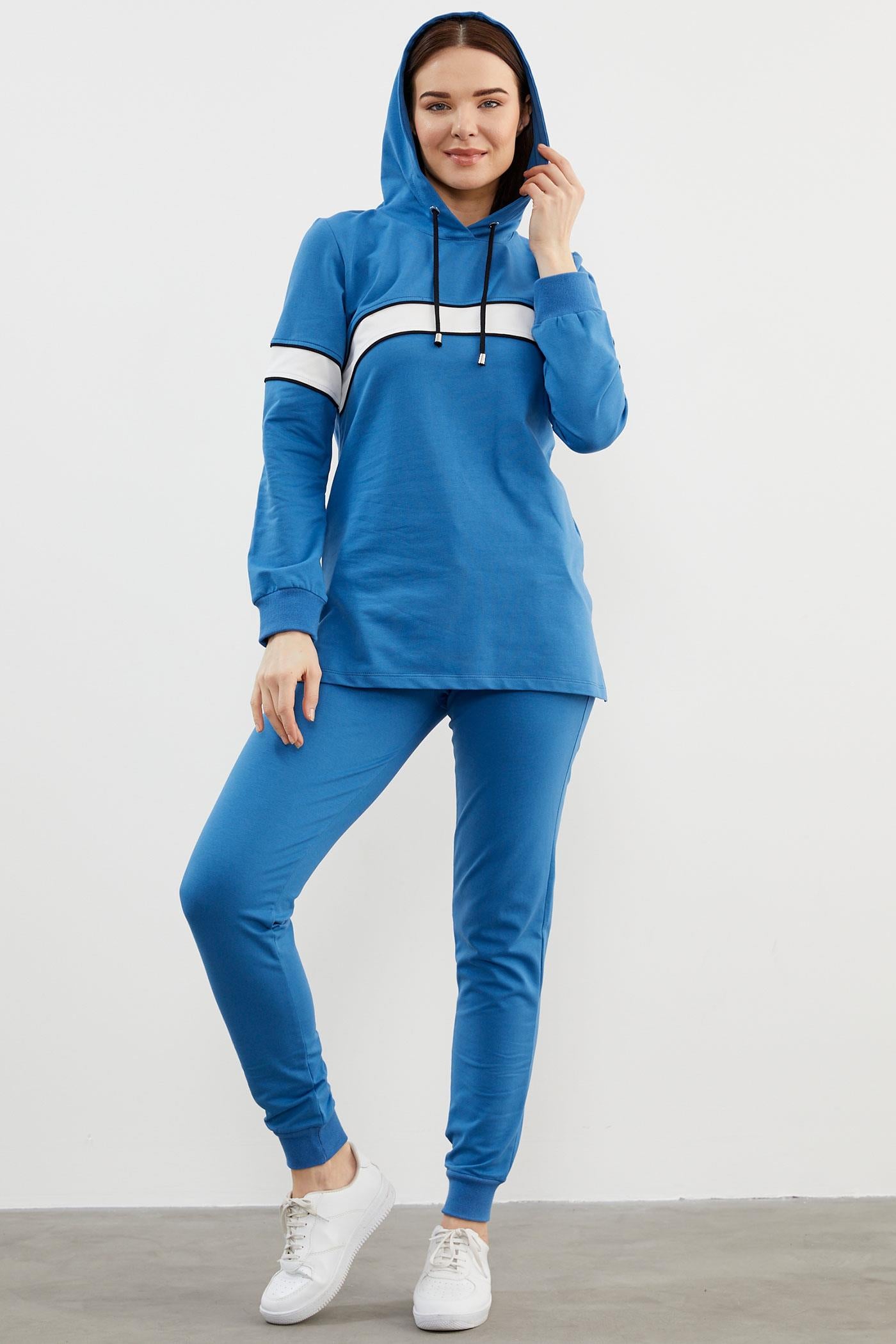 Kapüşonlu Çizgi Bloklu Eşofman Takım - Mavi (3) Sementa