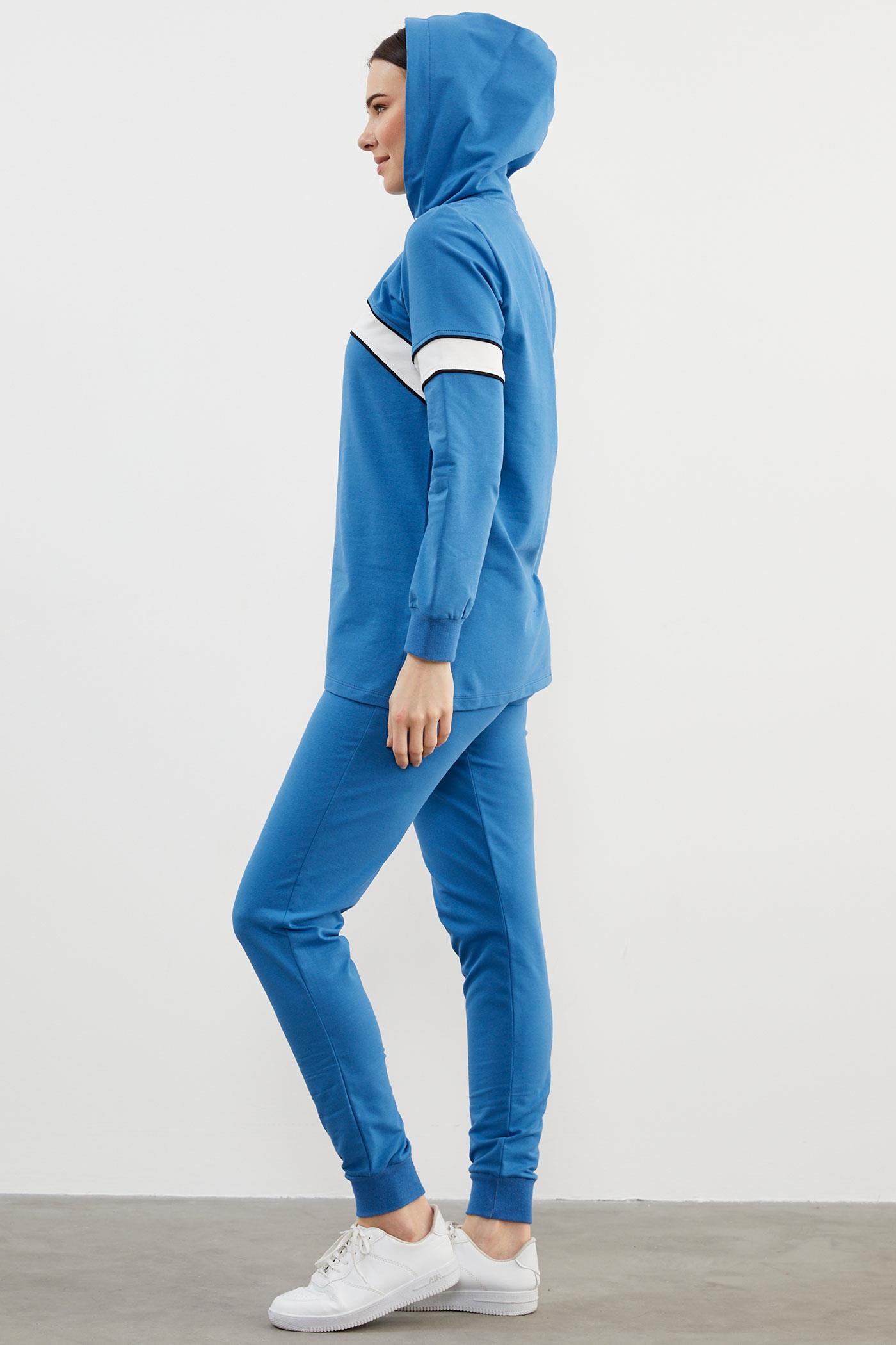 Kapüşonlu Çizgi Bloklu Eşofman Takım - Mavi (4) Sementa