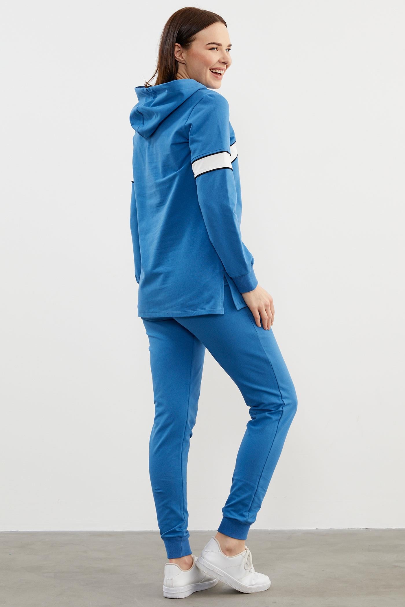 Kapüşonlu Çizgi Bloklu Eşofman Takım - Mavi (5) Sementa