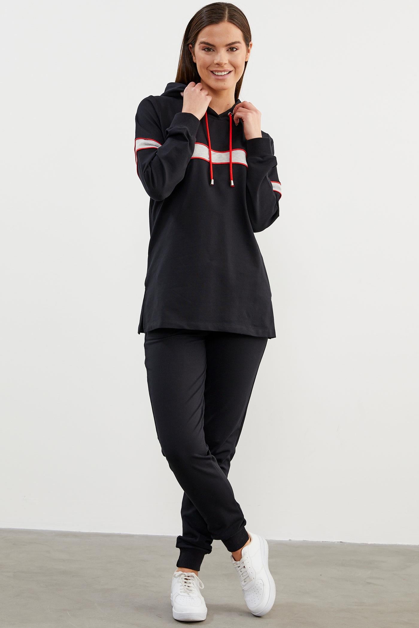 Kapüşonlu Çizgi Bloklu Eşofman Takım - Siyah (2) Sementa