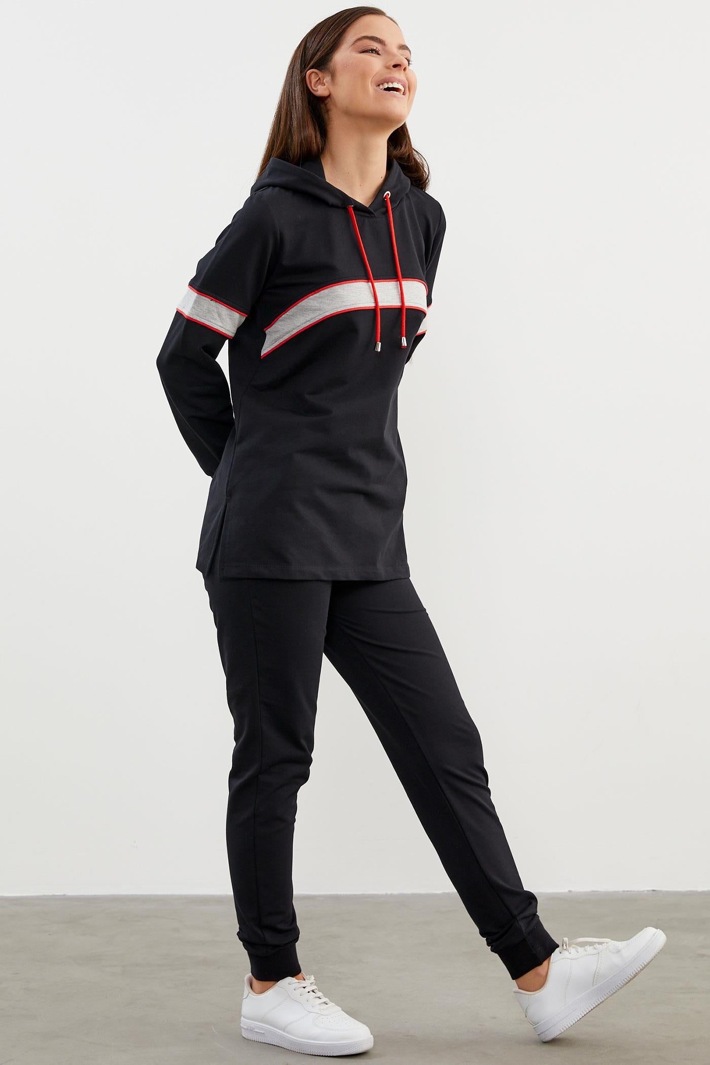 Kapüşonlu Çizgi Bloklu Eşofman Takım - Siyah (3) Sementa