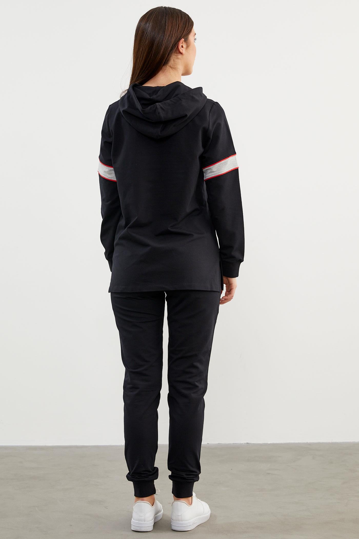 Kapüşonlu Çizgi Bloklu Eşofman Takım - Siyah (4) Sementa