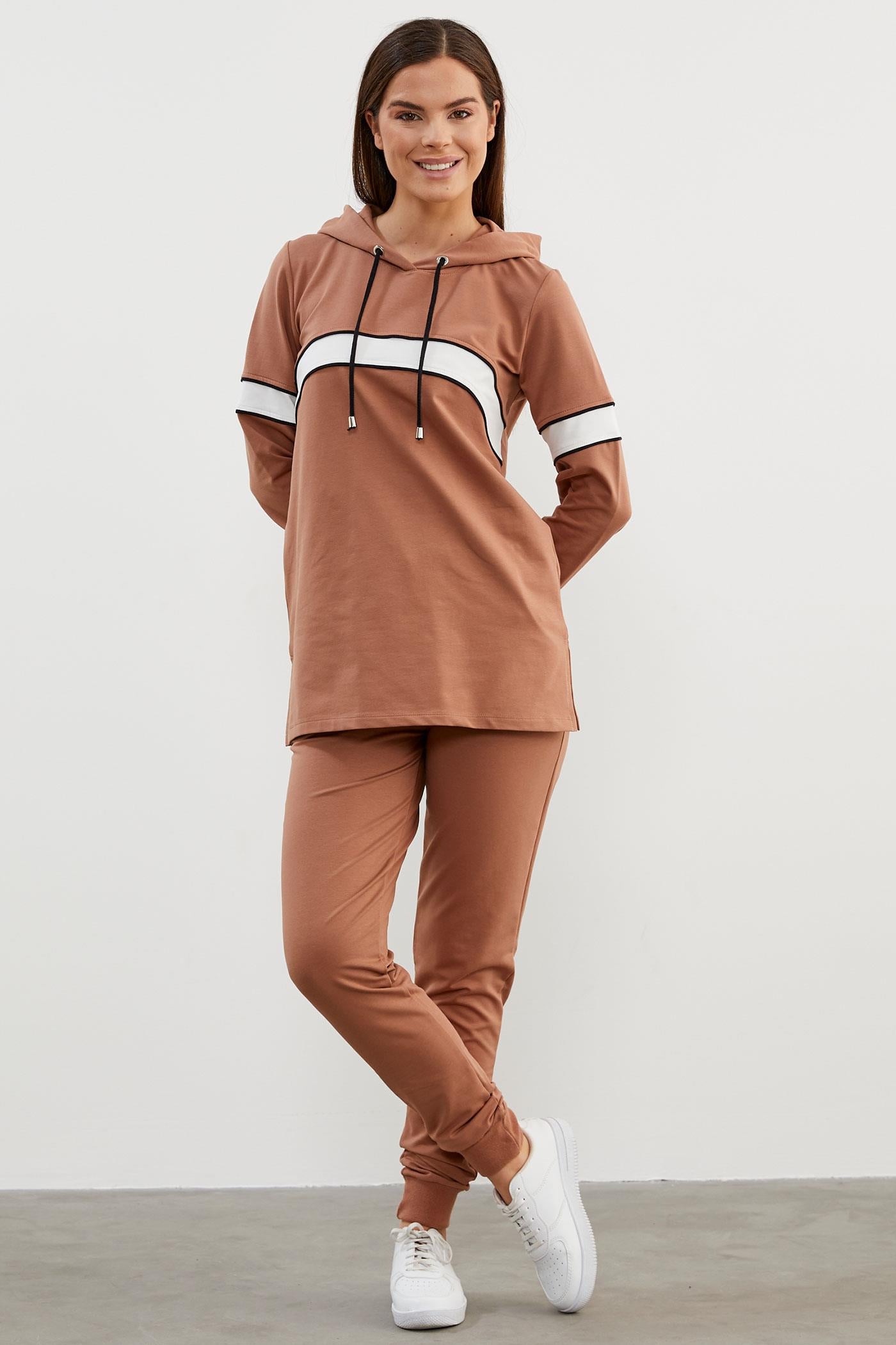 Kapüşonlu Çizgi Bloklu Eşofman Takım - Sütlü Kahve (2) Sementa