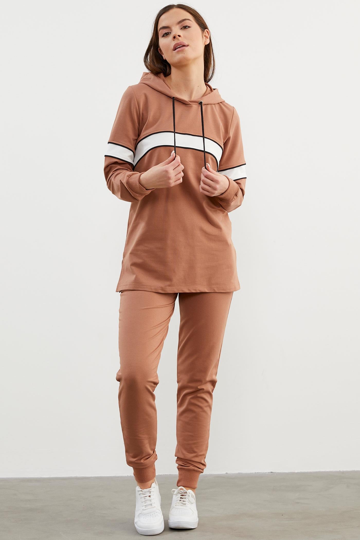 Kapüşonlu Çizgi Bloklu Eşofman Takım - Sütlü Kahve (3) Sementa