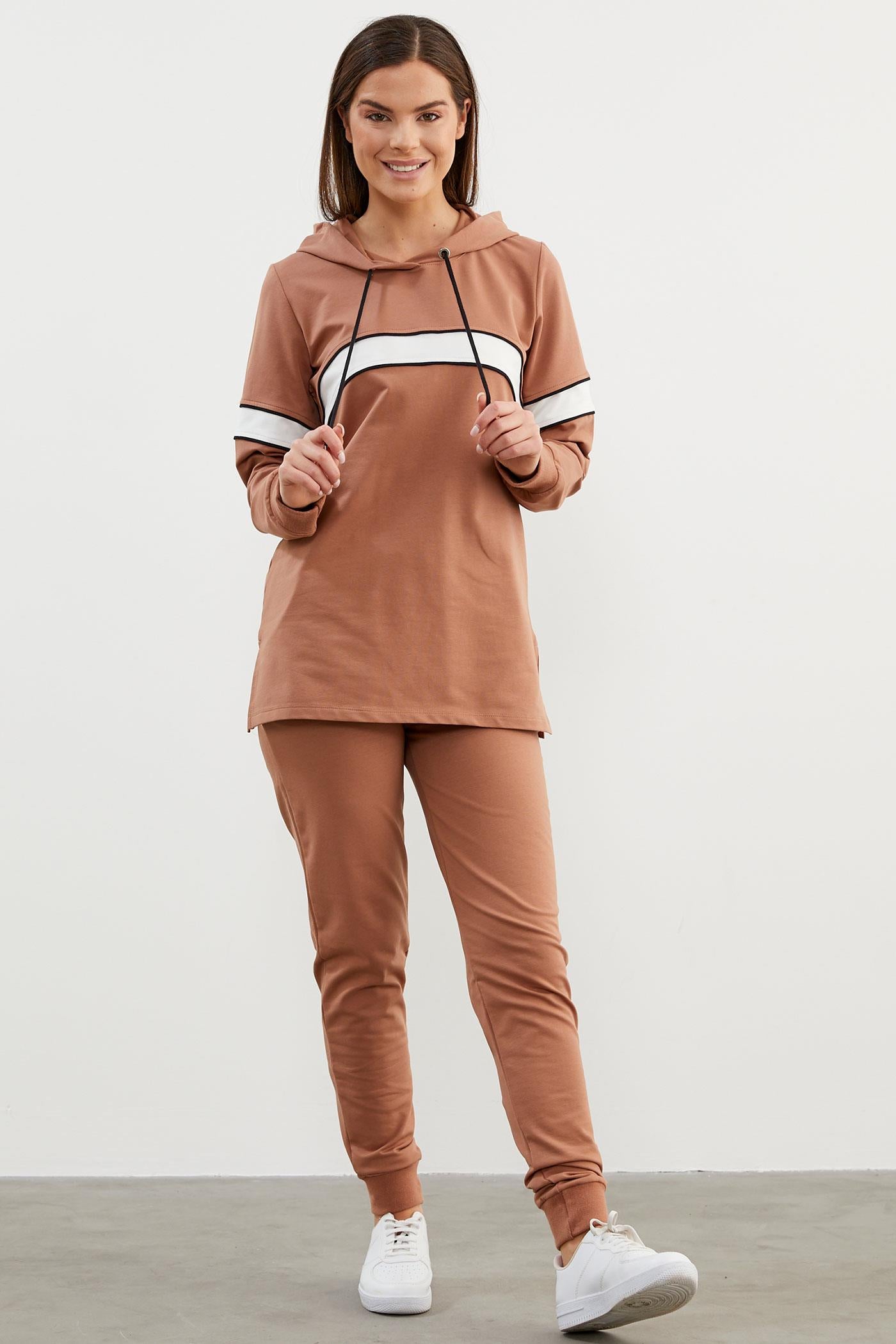 Kapüşonlu Çizgi Bloklu Eşofman Takım - Sütlü Kahve (4) Sementa