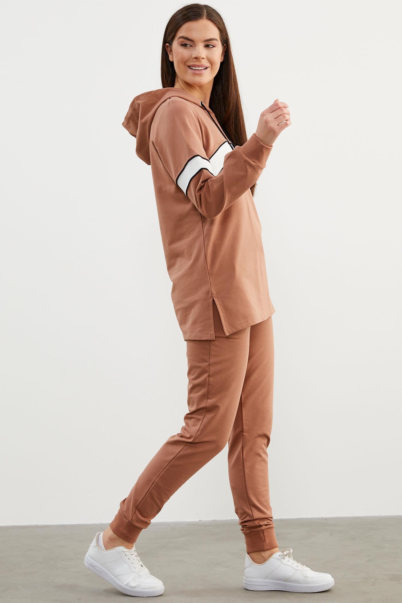 Kapüşonlu Çizgi Bloklu Eşofman Takım - Sütlü Kahve (5) Sementa