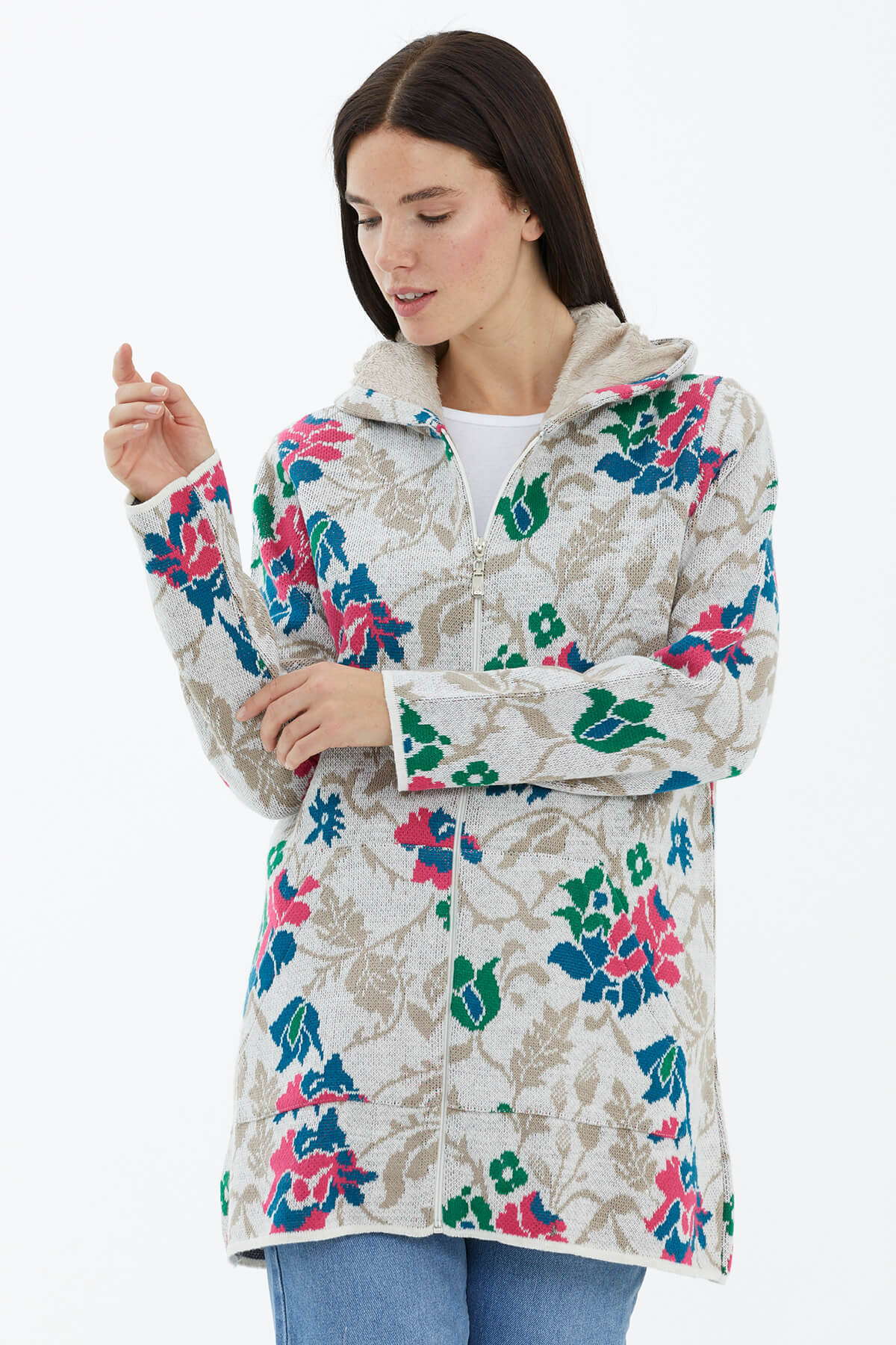 Kapüşonlu Fermuarlı İçi Yumoş Astarlı Triko Ceket - Beyaz (2) Sementa