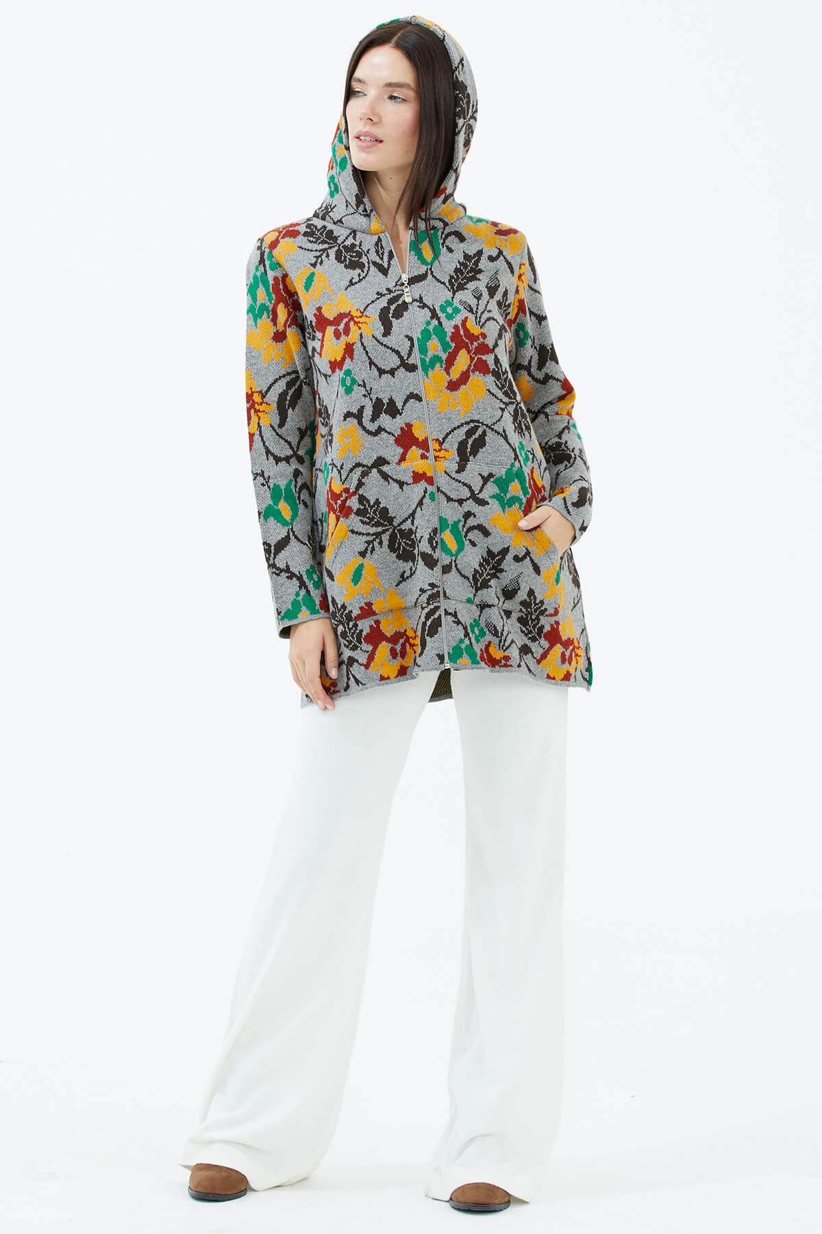 Kapüşonlu Fermuarlı İçi Yumoş Astarlı Triko Ceket - Gri (2) Sementa