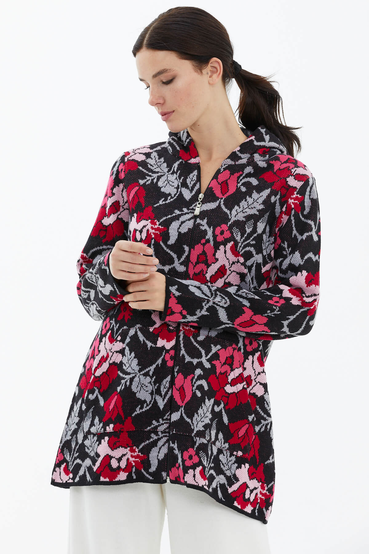 Kapüşonlu Fermuarlı İçi Yumoş Astarlı Triko Ceket - Siyah (1) Sementa