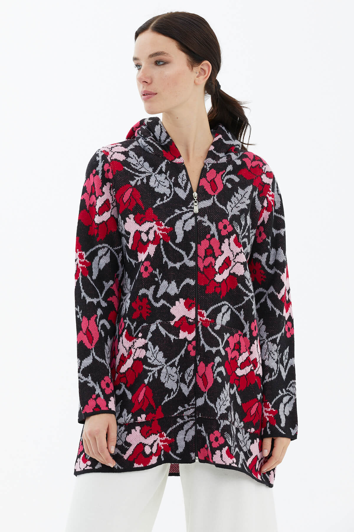 Kapüşonlu Fermuarlı İçi Yumoş Astarlı Triko Ceket - Siyah (2) Sementa