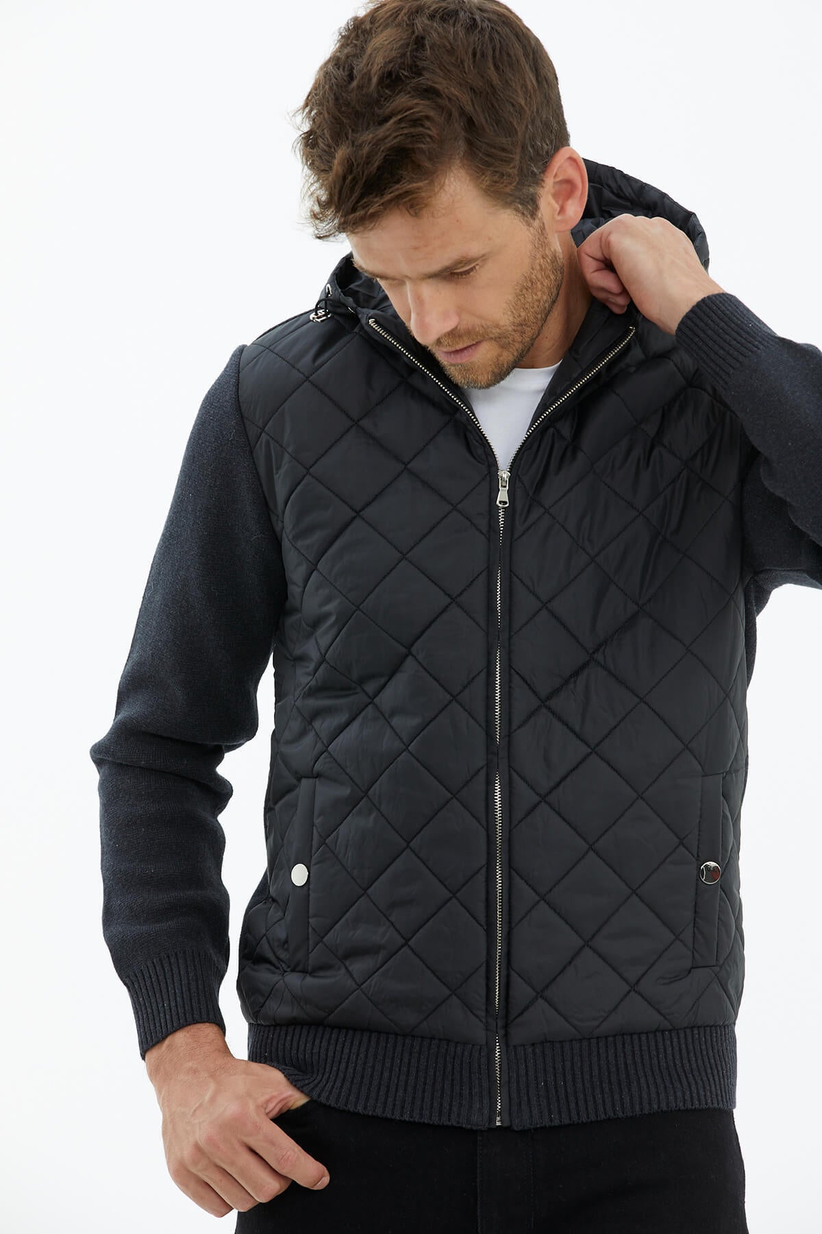 Kapüşonlu Fermuarlı Kapitone Triko Mont - Antrasit (2) Sementa