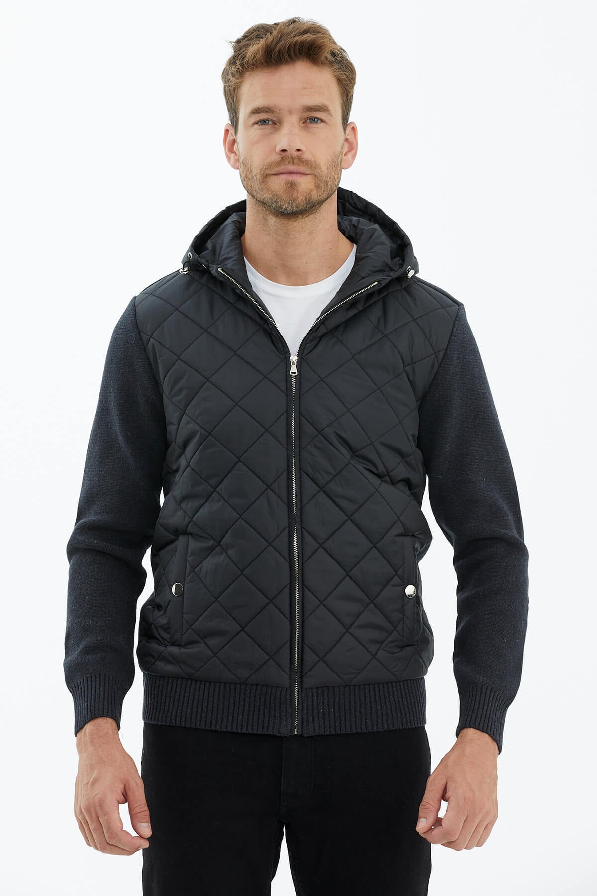 Kapüşonlu Fermuarlı Kapitone Triko Mont - Antrasit (3) Sementa