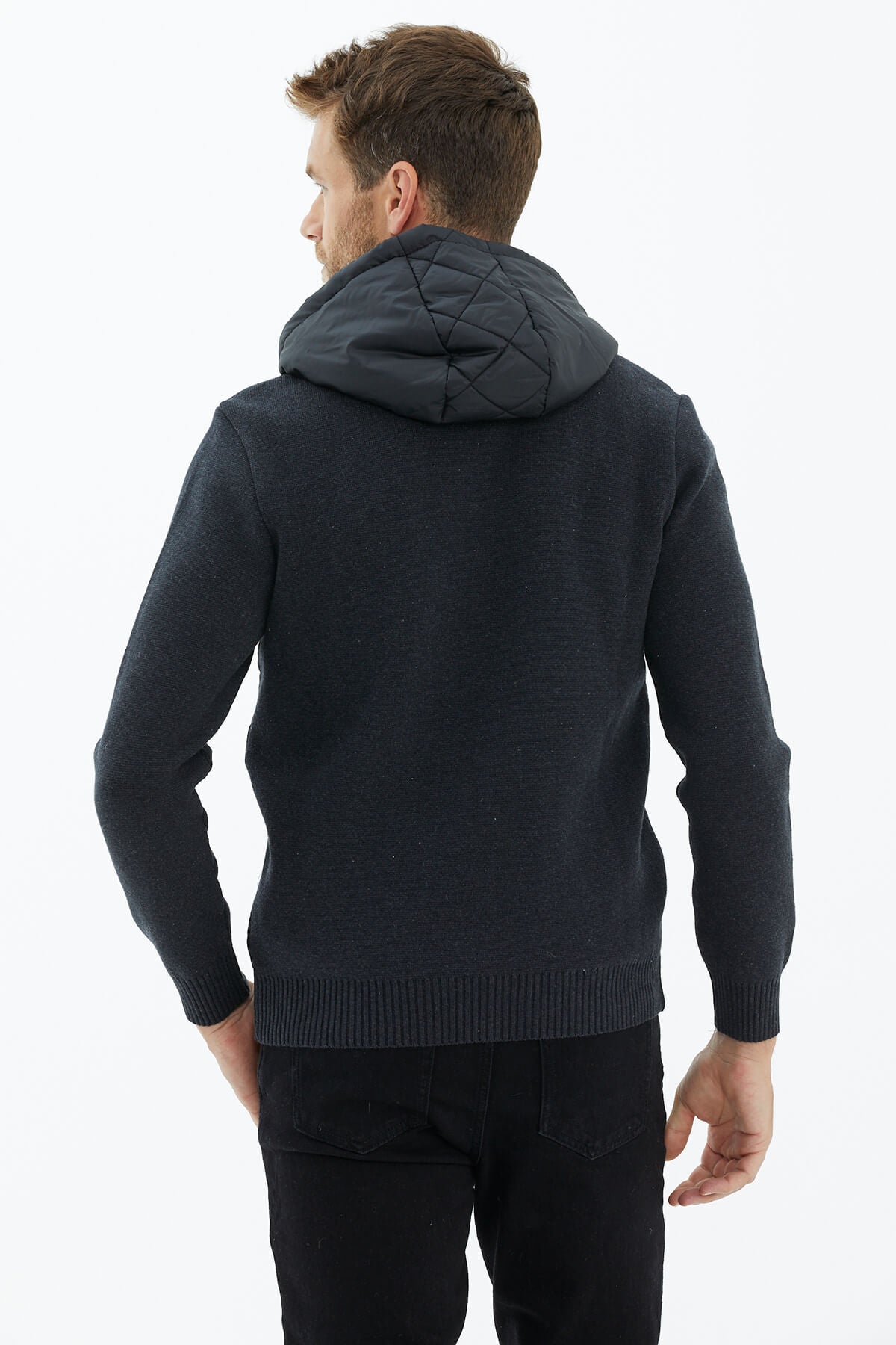Kapüşonlu Fermuarlı Kapitone Triko Mont - Antrasit (4) Sementa